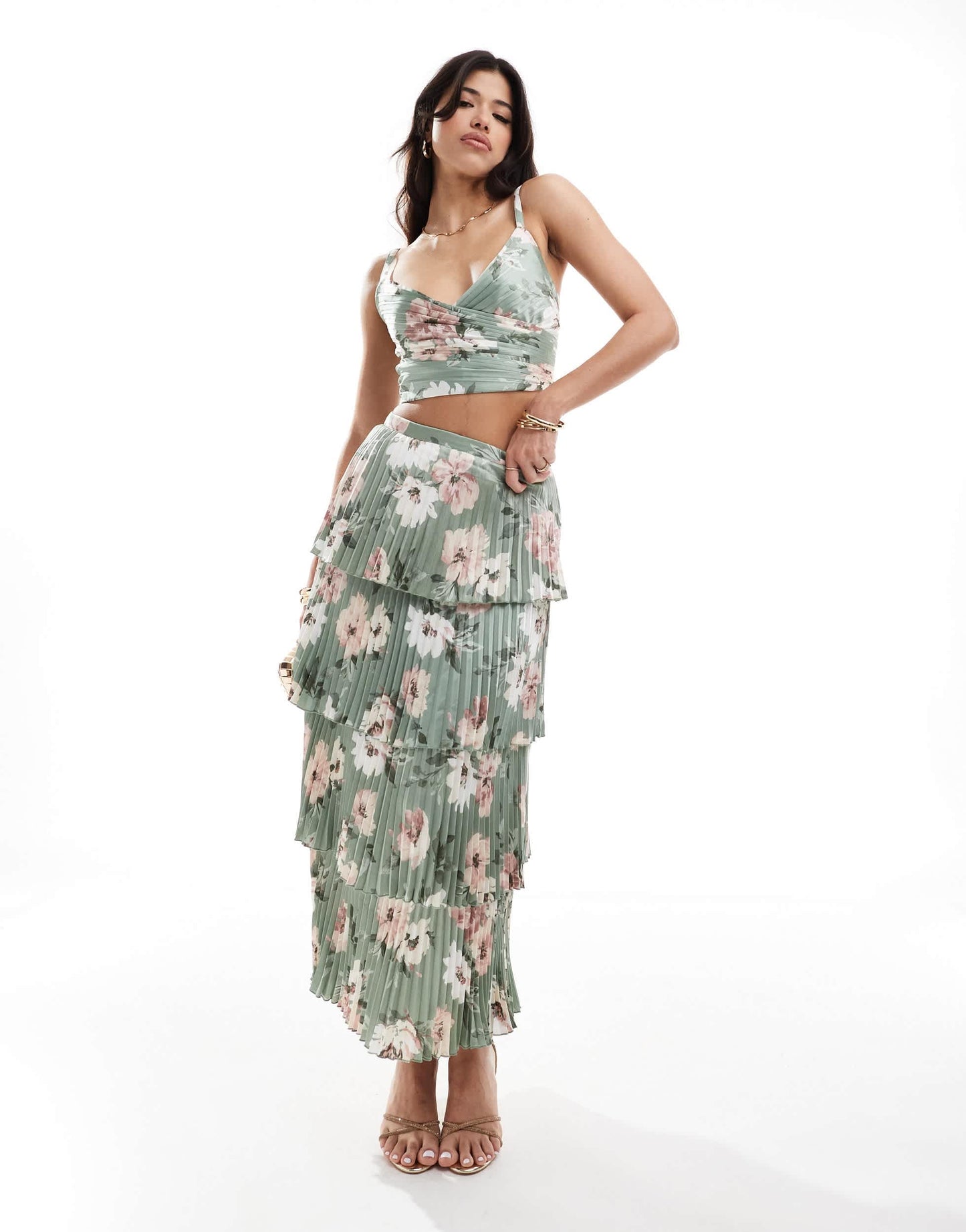 Abercrombie & Fitch co-ord pleated satin floral print top in green