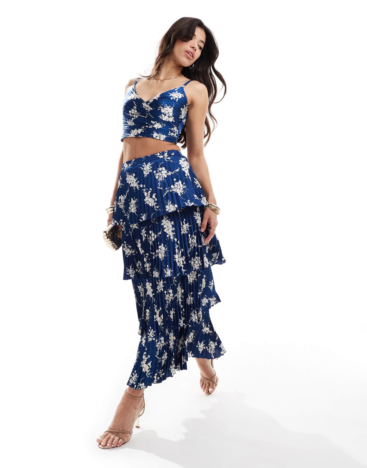 Abercrombie & Fitch co-ord pleated satin floral print top in blue