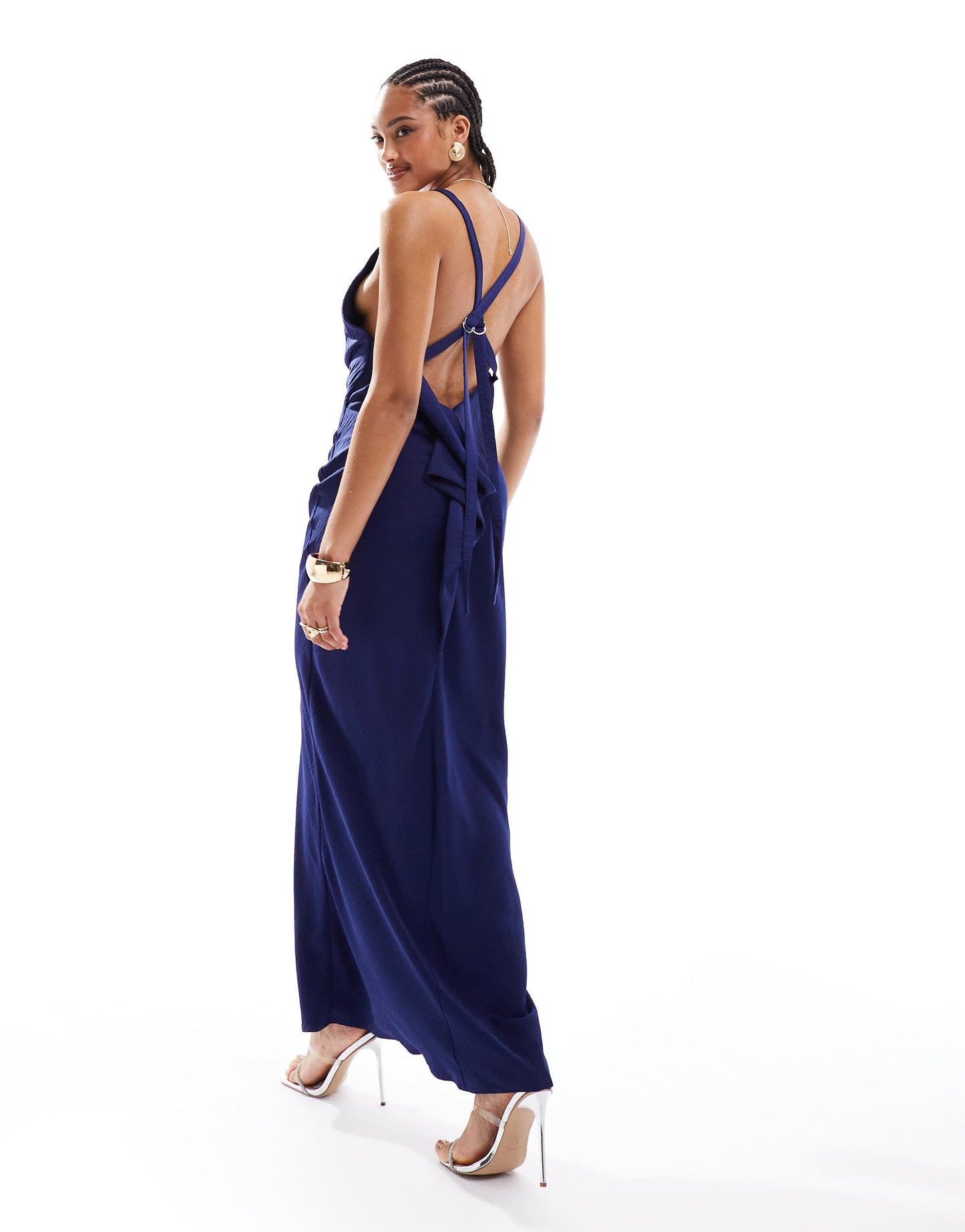 ASOS DESIGN satin cowl back maxi dress with buckle strap detail in navy