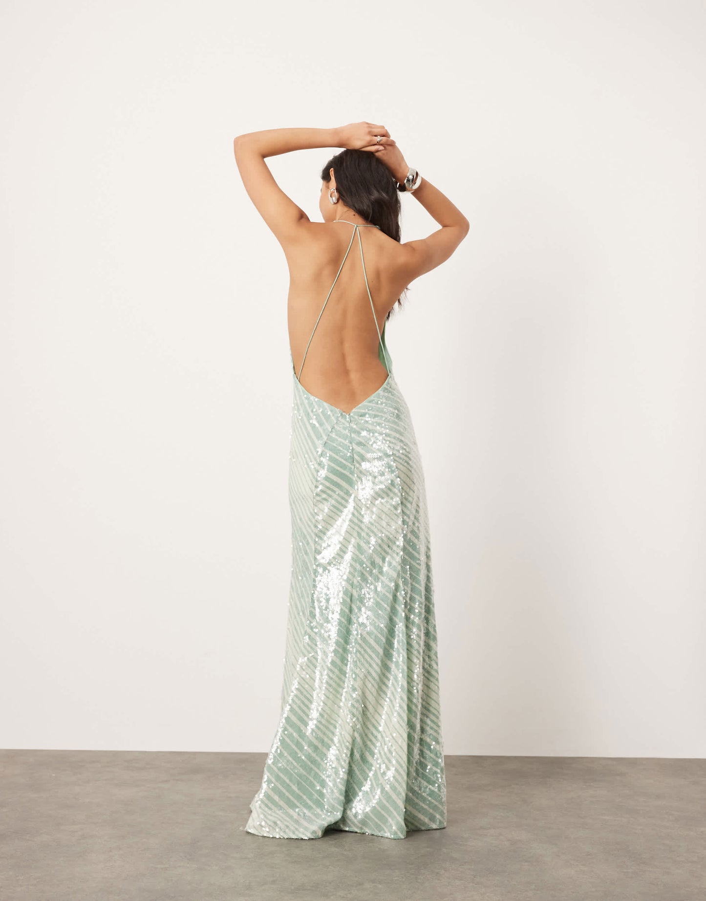 ASOS EDITION allover sequin deep cowl neck maxi dress in mint stripe print