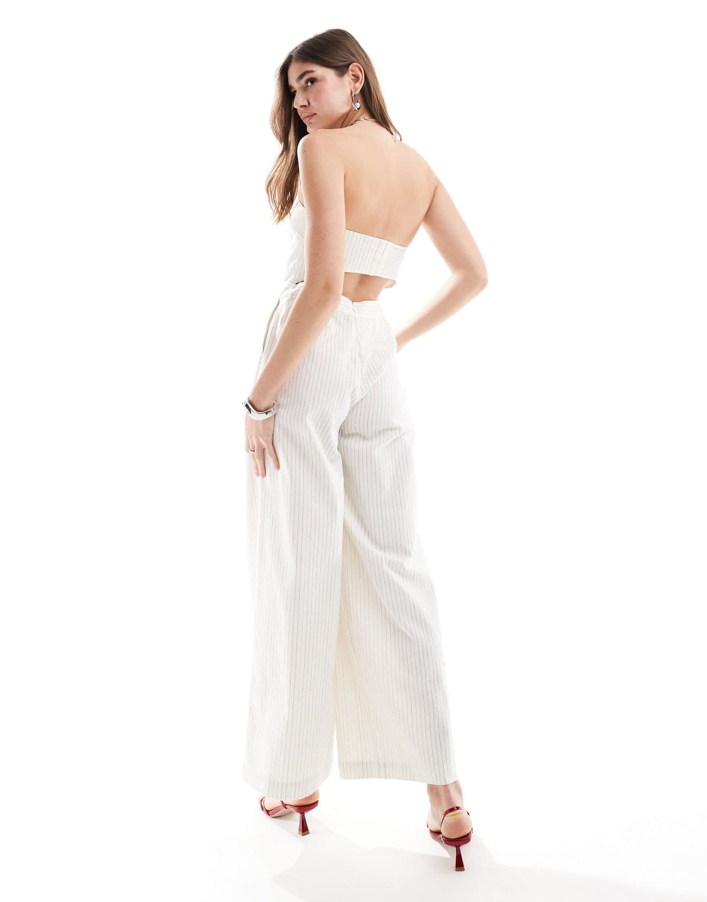 Pretty Lavish strapless jumpsuit with pockets in cream stripe