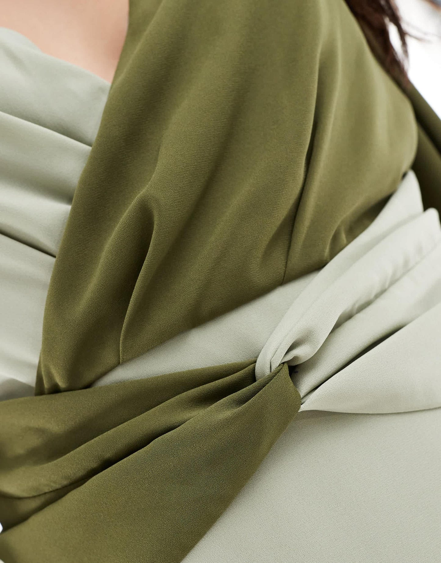 Pretty Lavish Curve knot front contrast midi dress in olive and sage