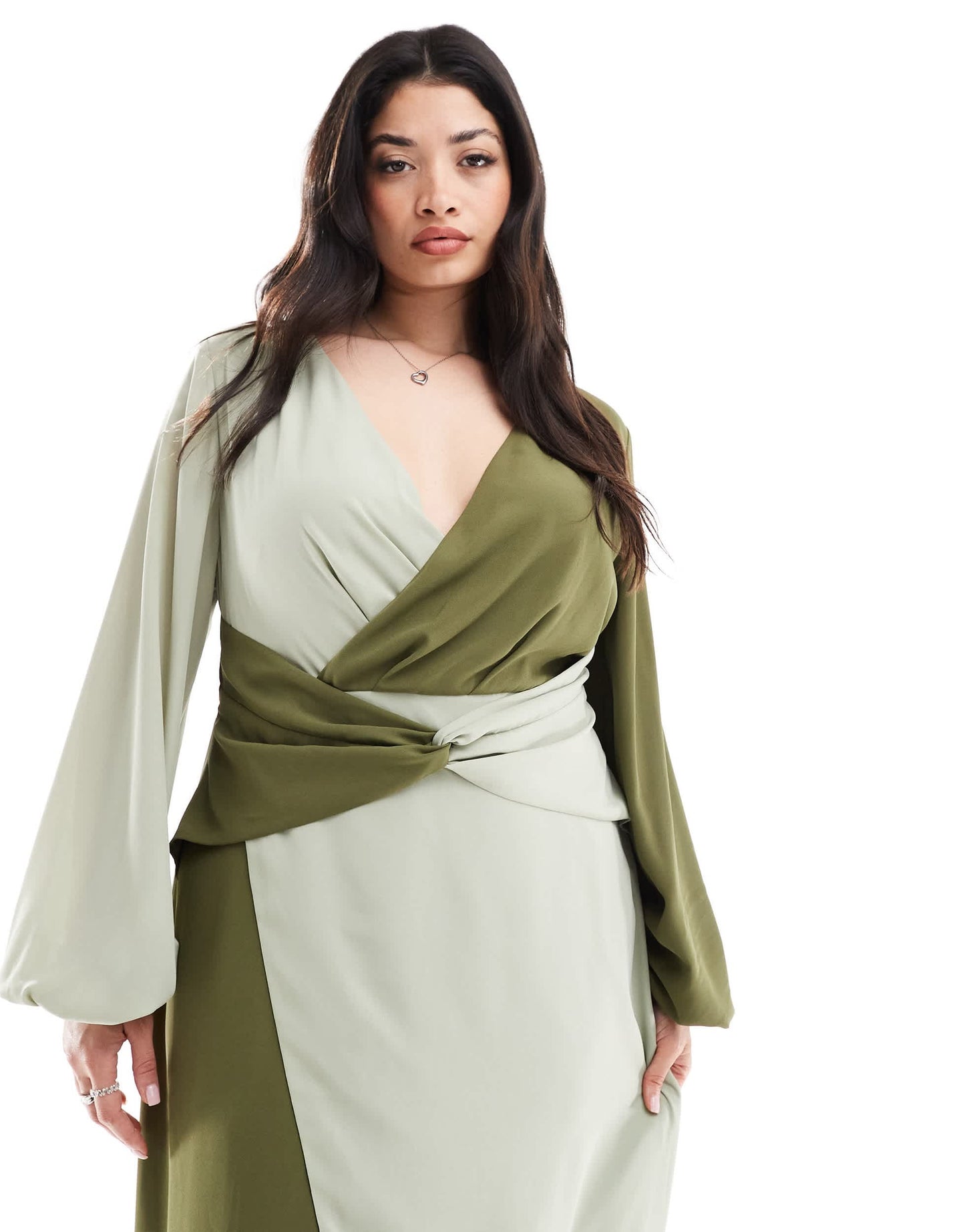 Pretty Lavish Curve knot front contrast midi dress in olive and sage