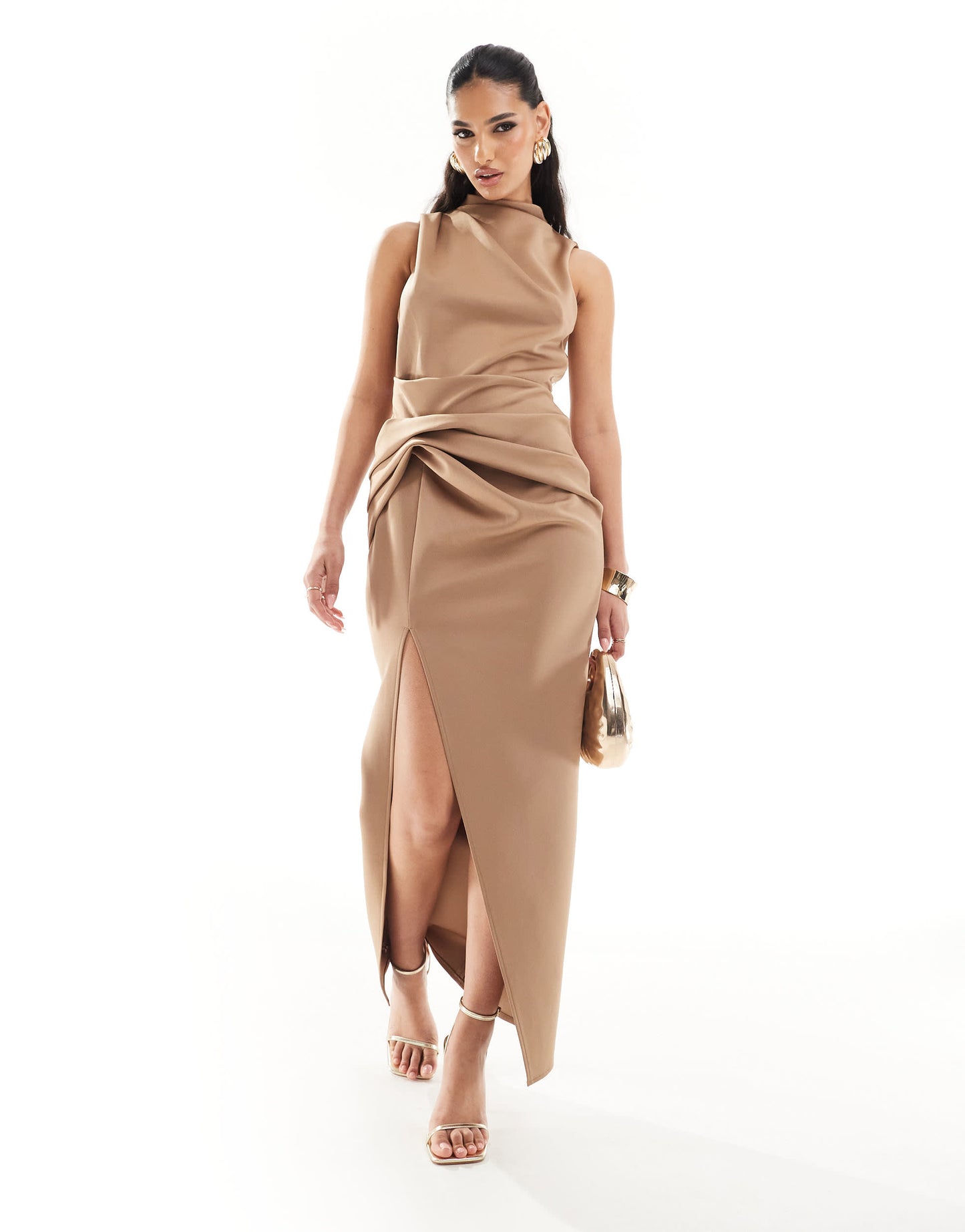 ASOS DESIGN structured hip tuck high neck midi dress in mocha