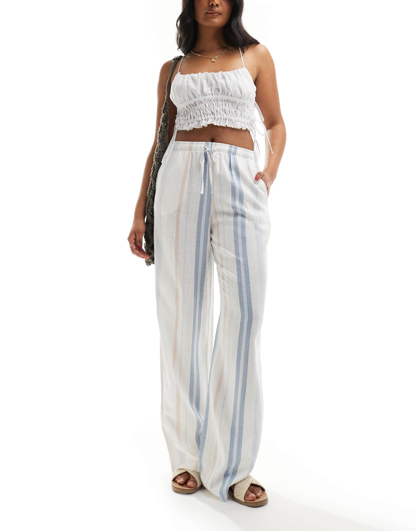 Stradivarius linen look pull on trouser in multi stripe