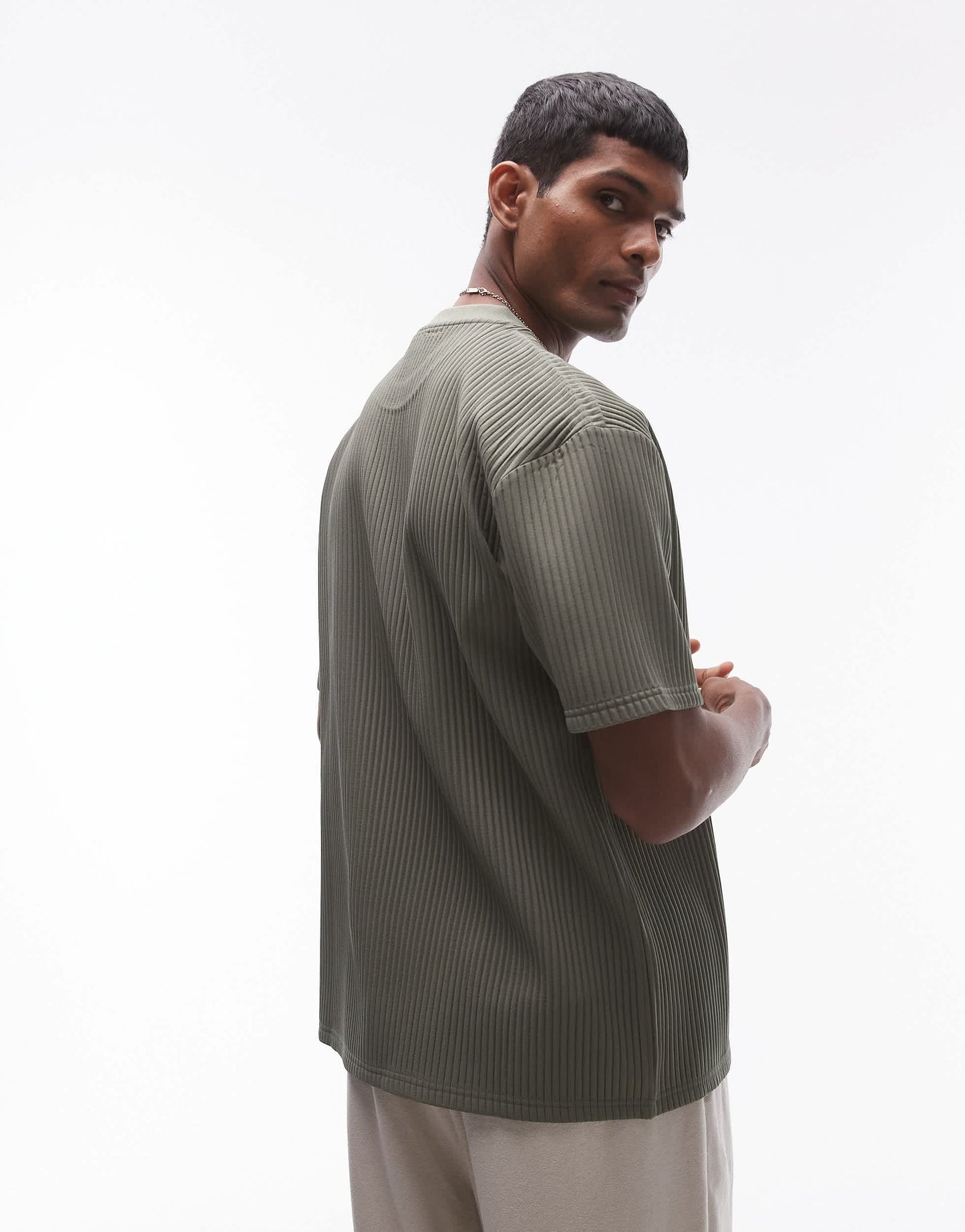 Topman oversized fit plisse t-shirt in khaki