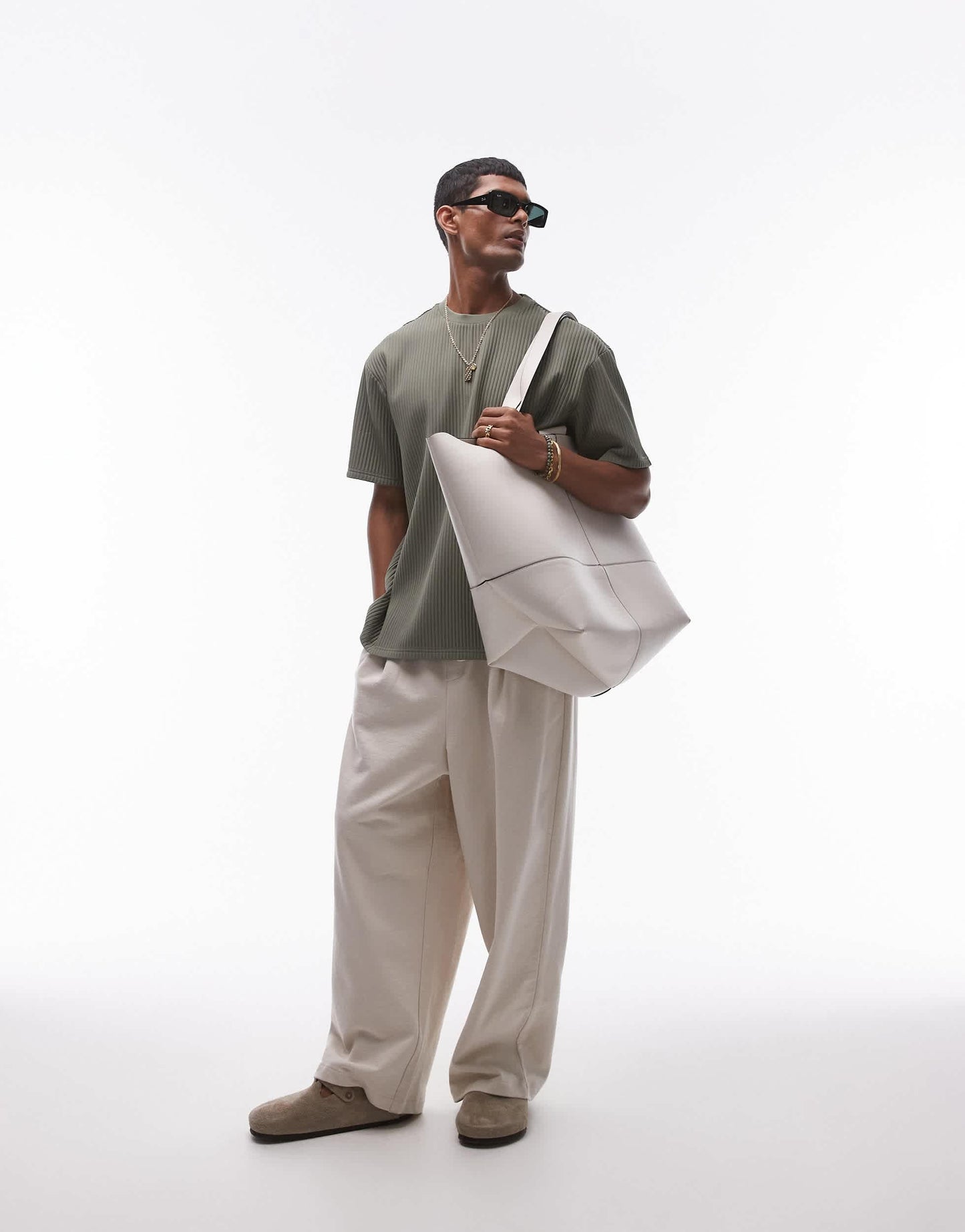 Topman oversized fit plisse t-shirt in khaki