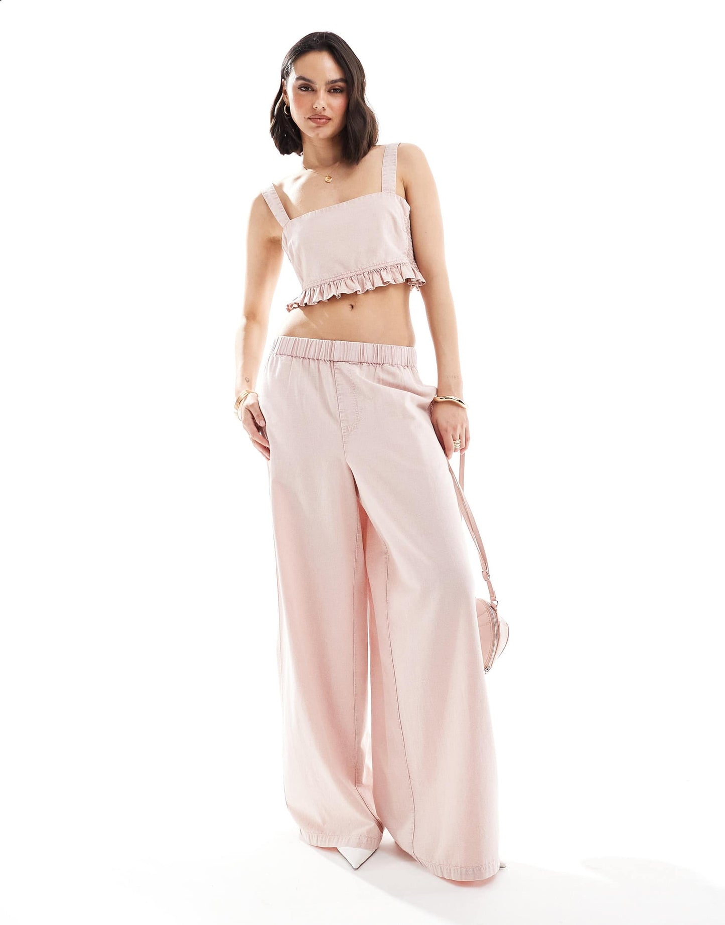 ASOS DESIGN cropped vest with shirred panels with linen in washed pink co-ord