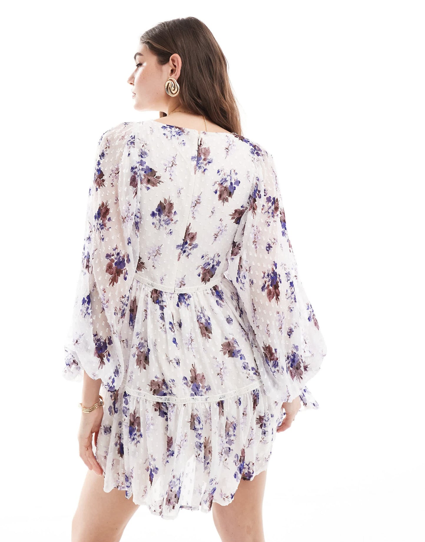 ASOS DESIGN lace trim plunge batwing mini dress with pep hem in white floral dobby