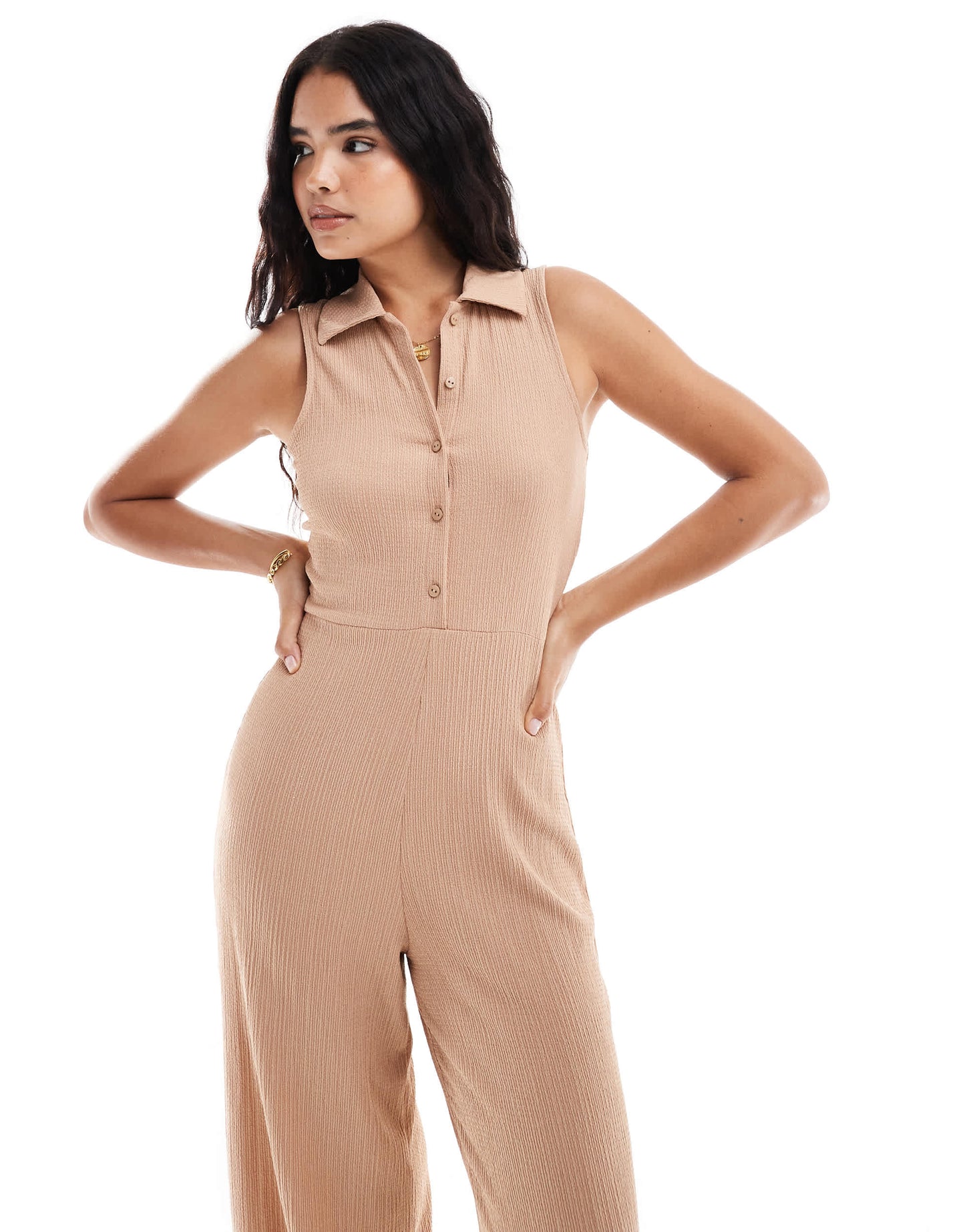 ONLY button through ribbed jersey wide leg jumpsuit in beige