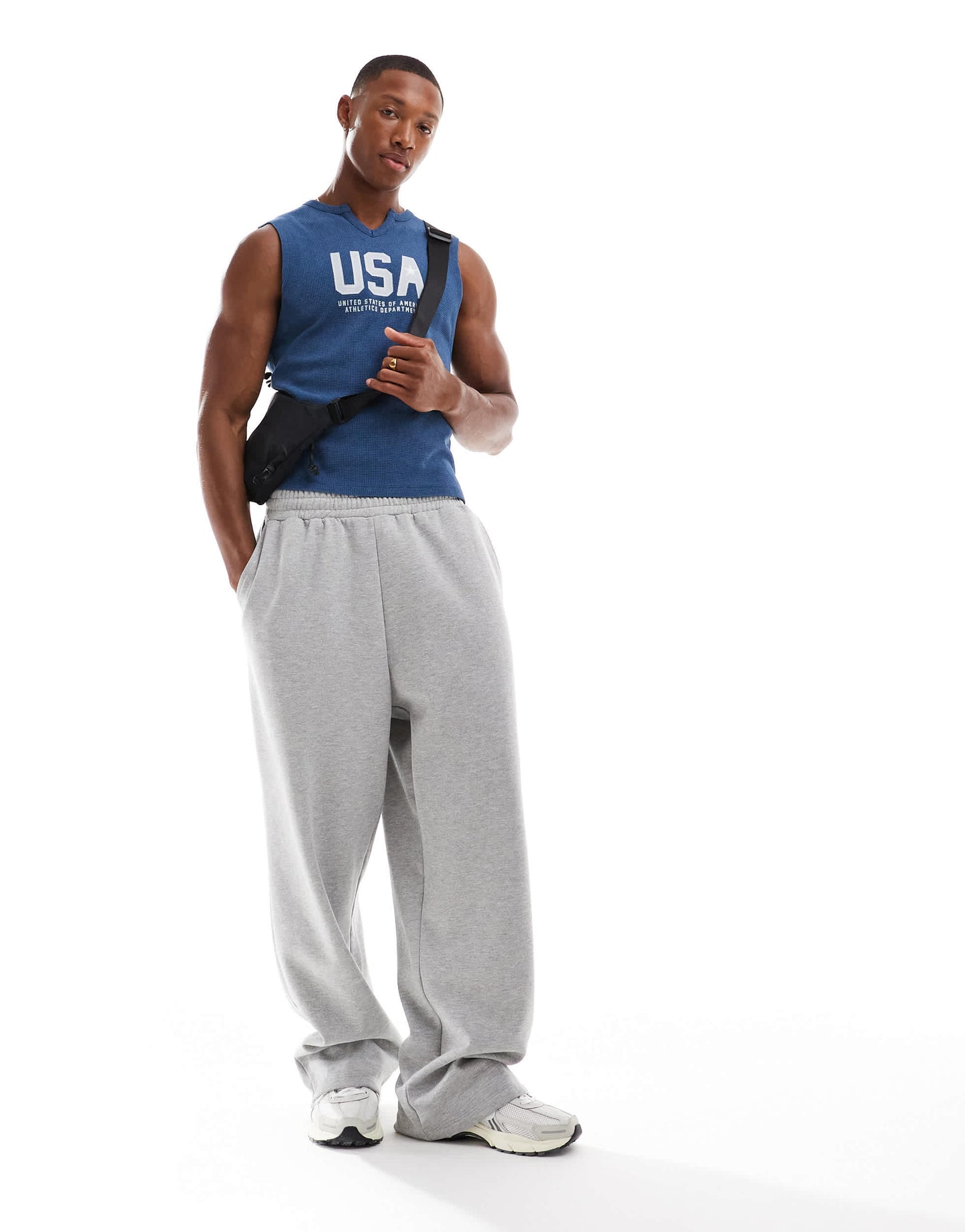 ASOS DESIGN muscle fit tank vest in blue with cut neck and USA chest print