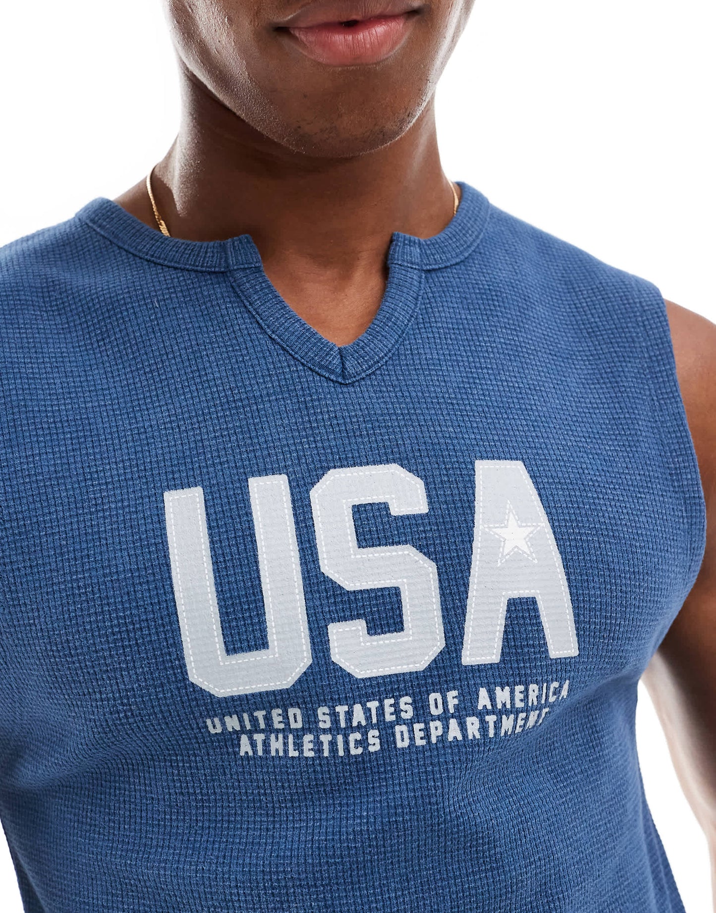 ASOS DESIGN muscle fit tank vest in blue with cut neck and USA chest print