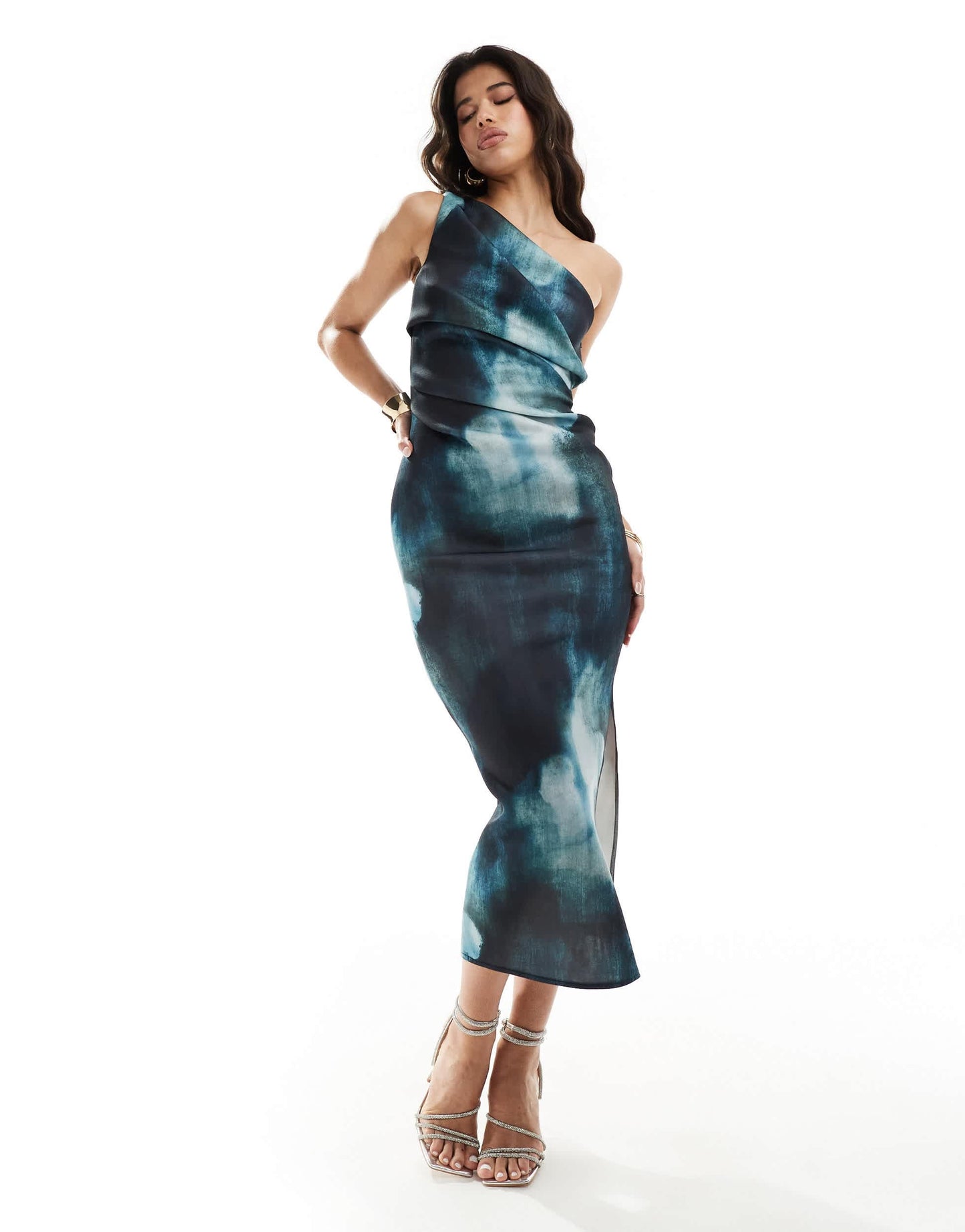 ASOS DESIGN pleated one shoulder  midi dress in smudge blue print in scuba-style fabric