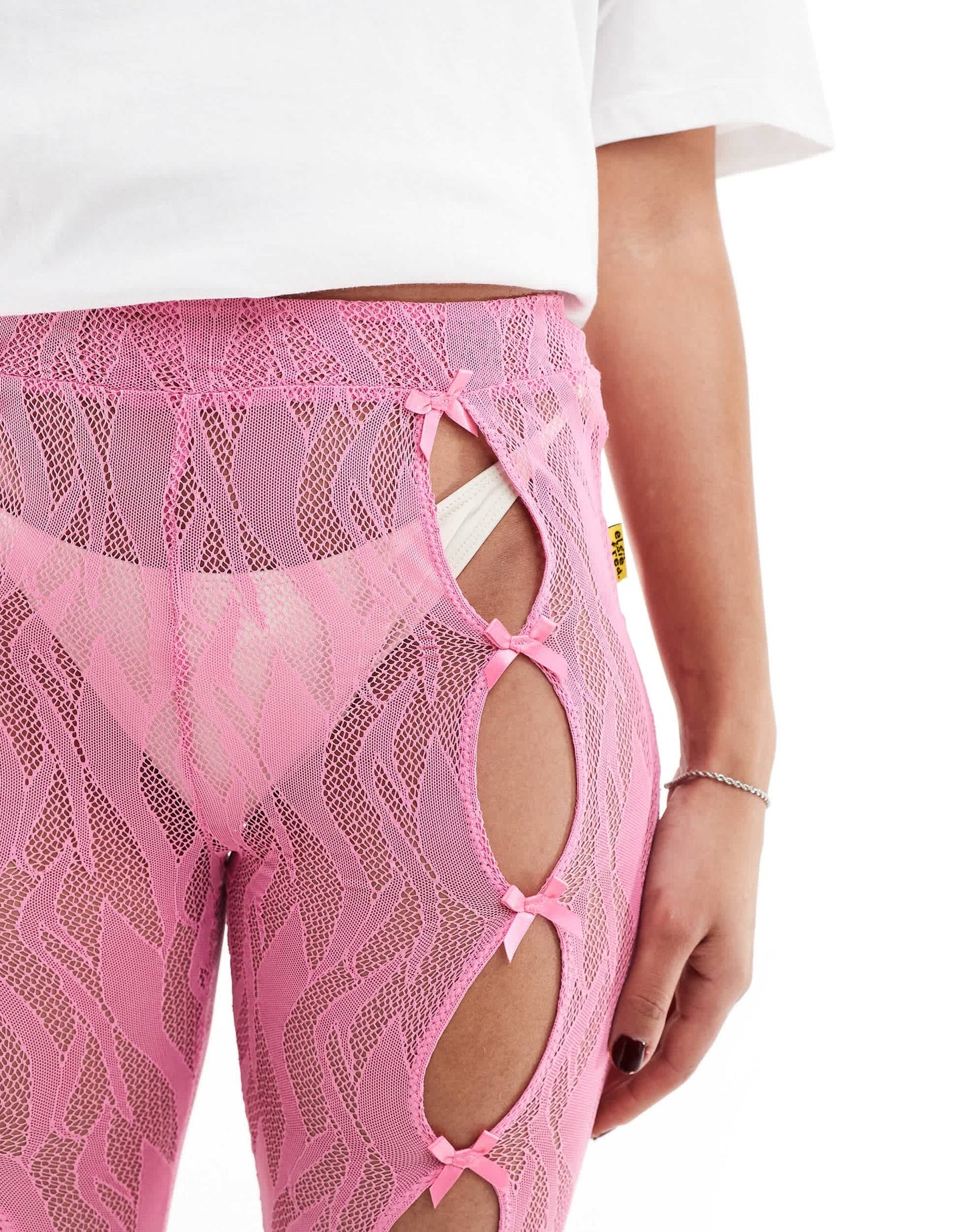 Elsie & Fred open front bow detail pink lace capri pants