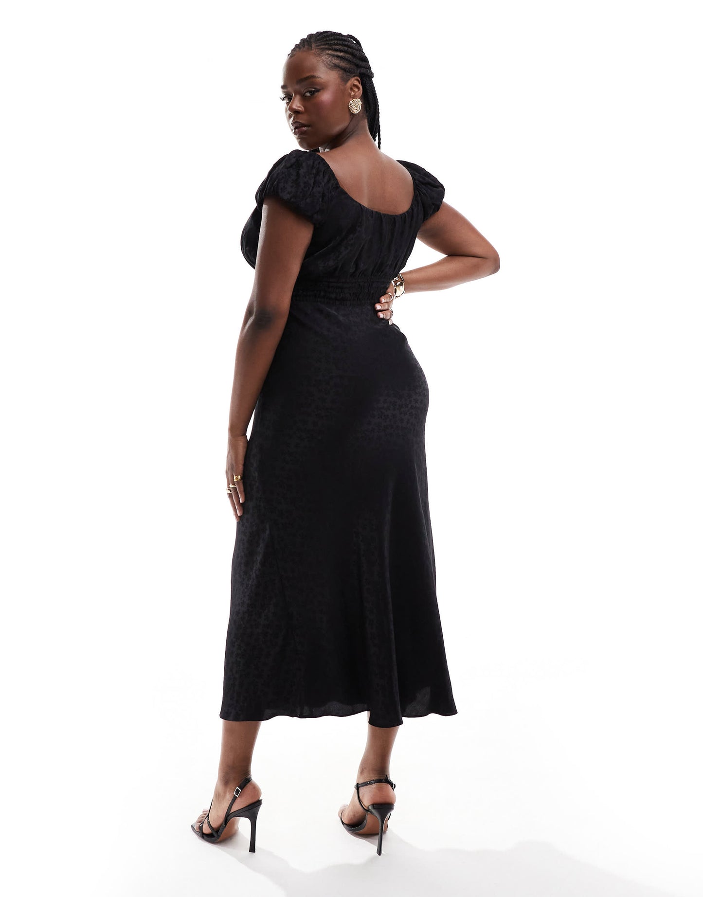 ASOS DESIGN Curve cap sleeve elasticated bodice midi dress in black satin jacquard