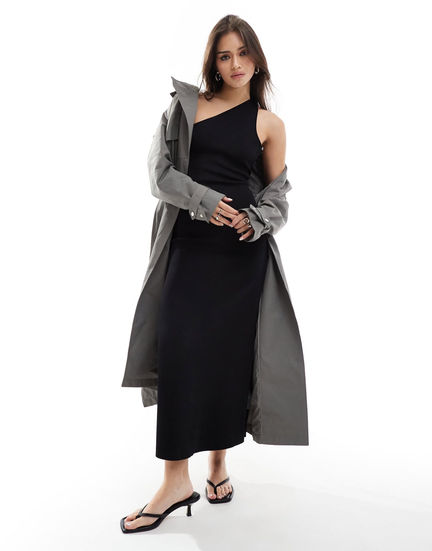 & Other Stories knitted one shoulder midi dress with cut out back detail in black