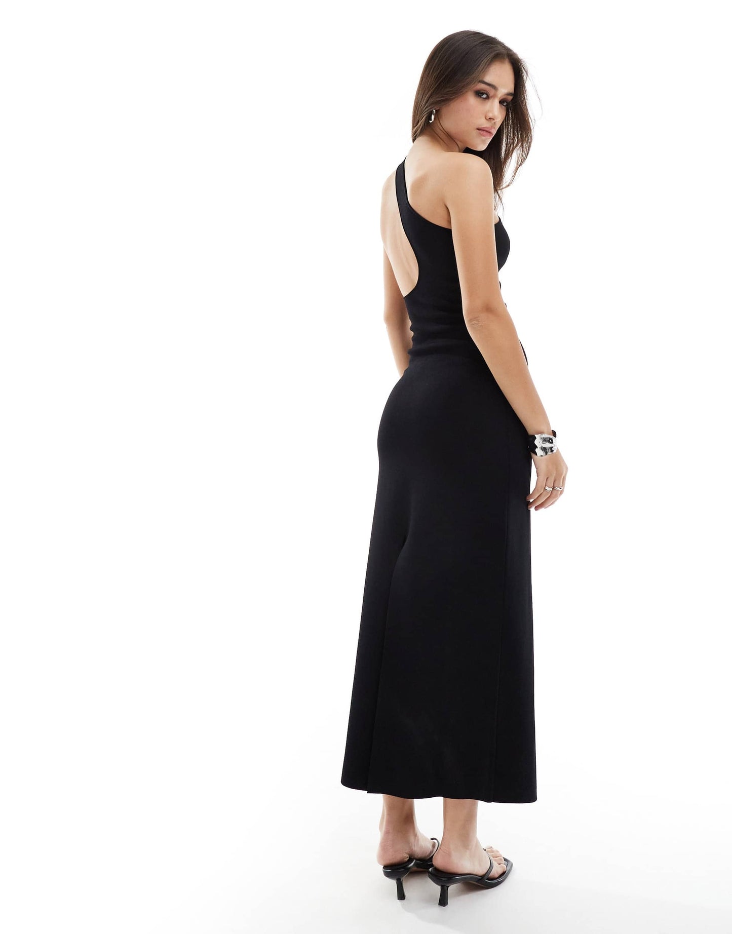 & Other Stories knitted one shoulder midi dress with cut out back detail in black