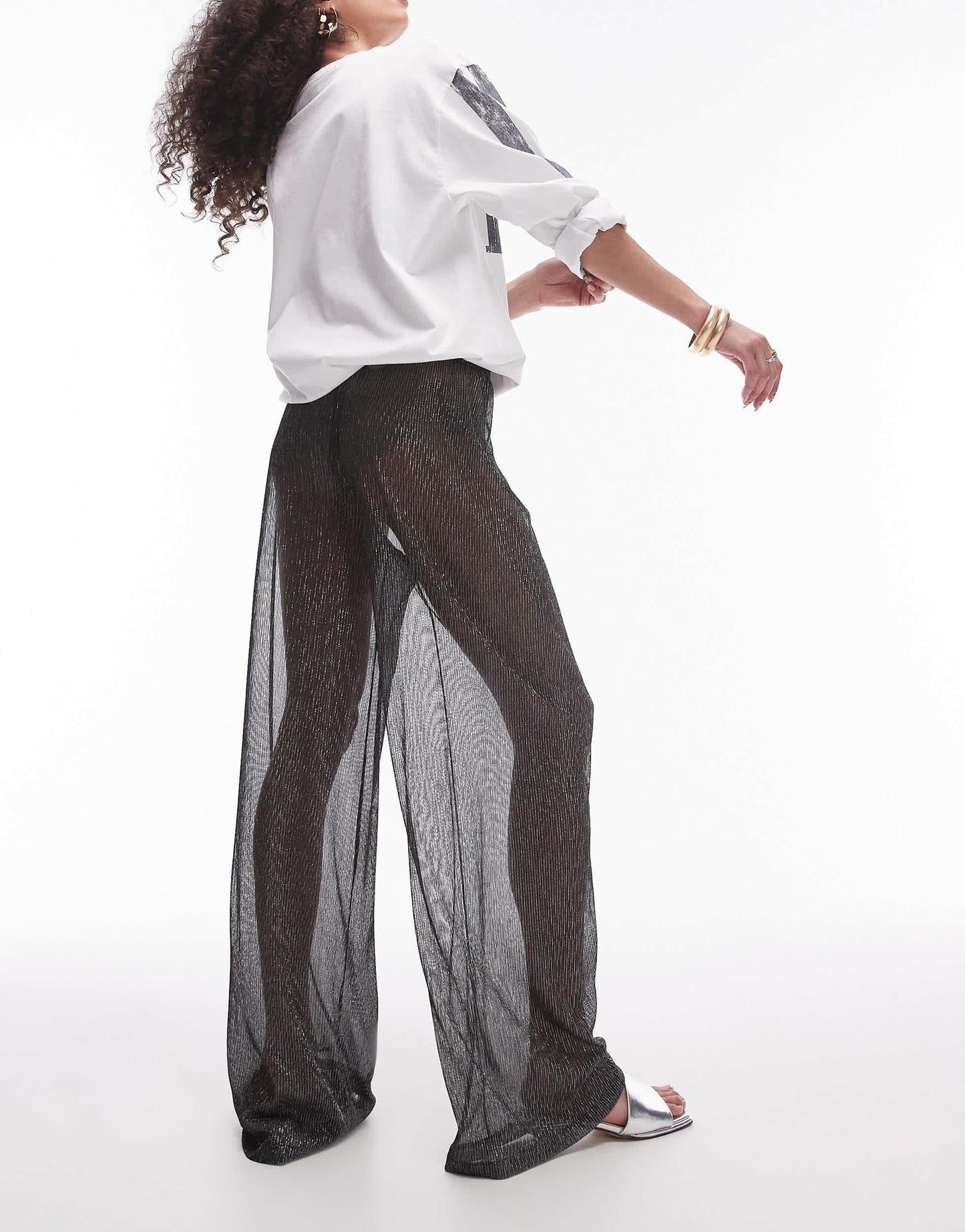 Topshop wide leg sheer metallic trousers in black
