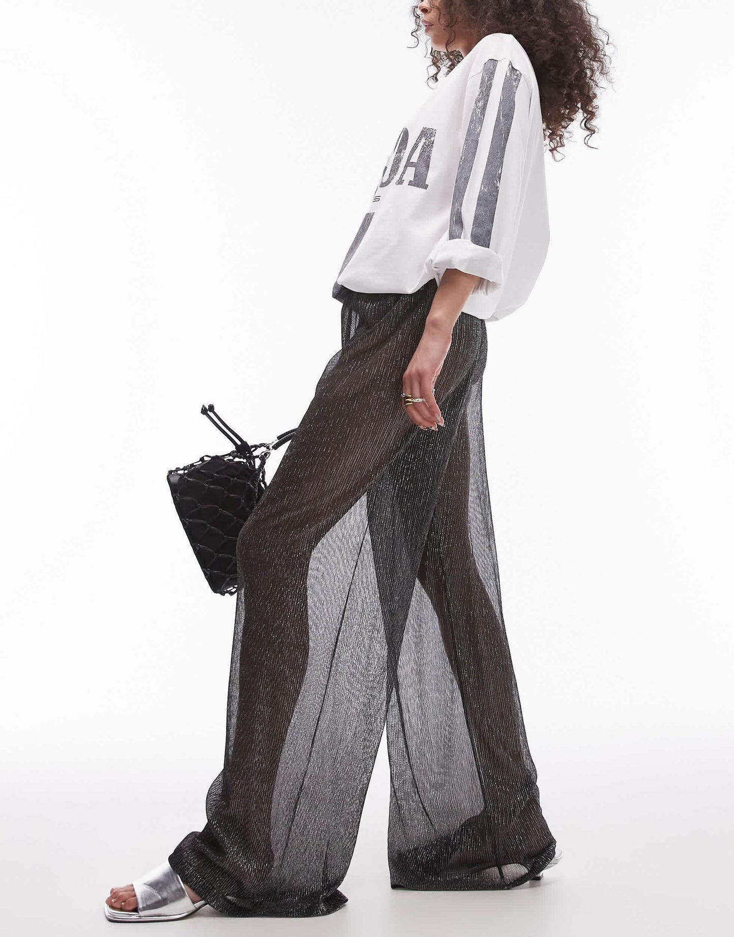 Topshop wide leg sheer metallic trousers in black