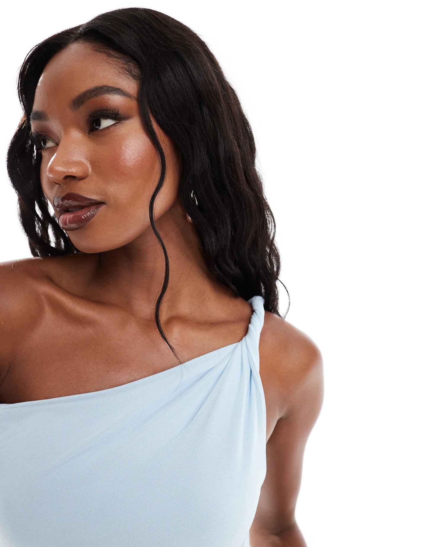 ASOS DESIGN mesh twisted off shoulder mini dress with asymmetric hem in light blue