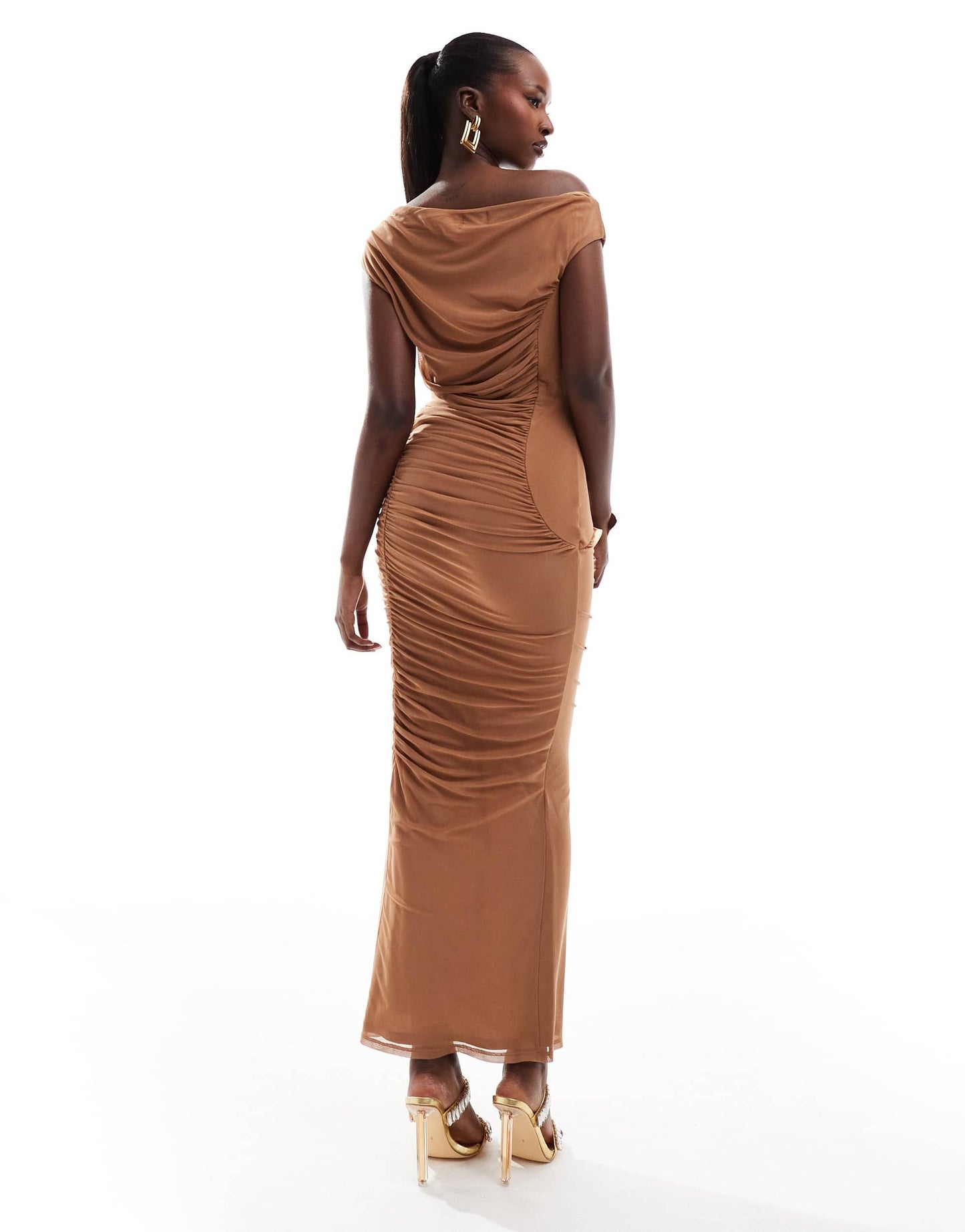 ASOS DESIGN mesh off shoulder midi dress with gauging detail in camel