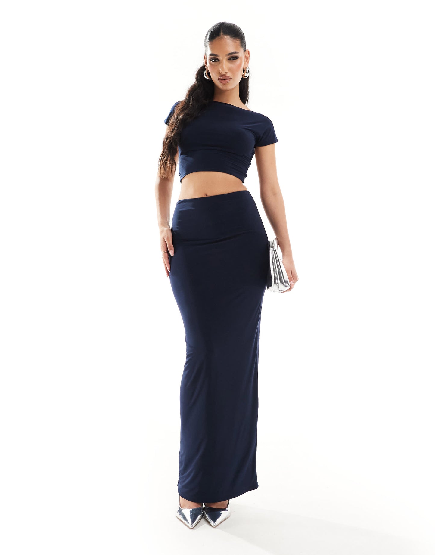 Kaiia exclusive double layered slinky low back top co-ord in navy