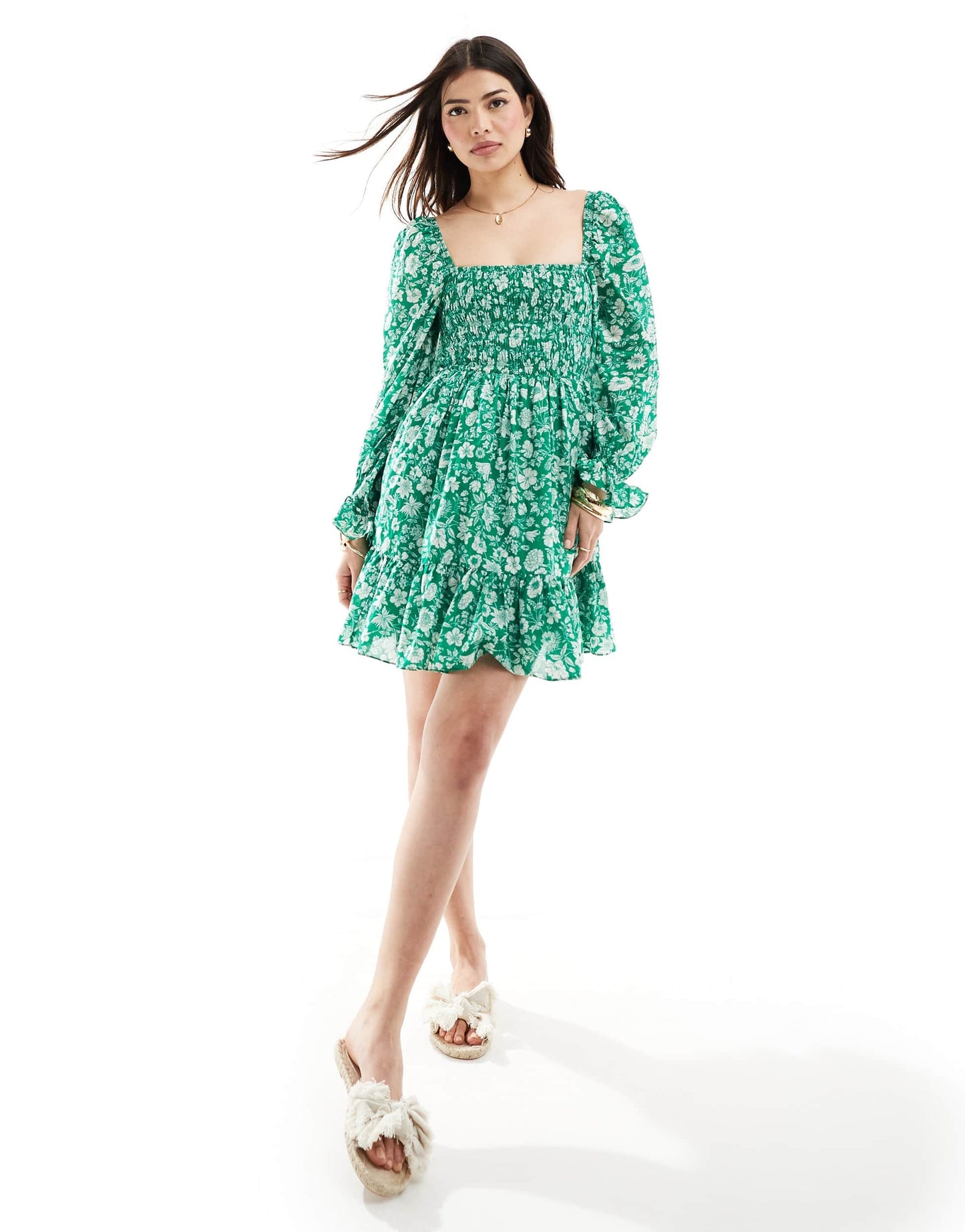 & Other Stories ruche bodice mini dress with volume sleeve and tiered hem in green floral print