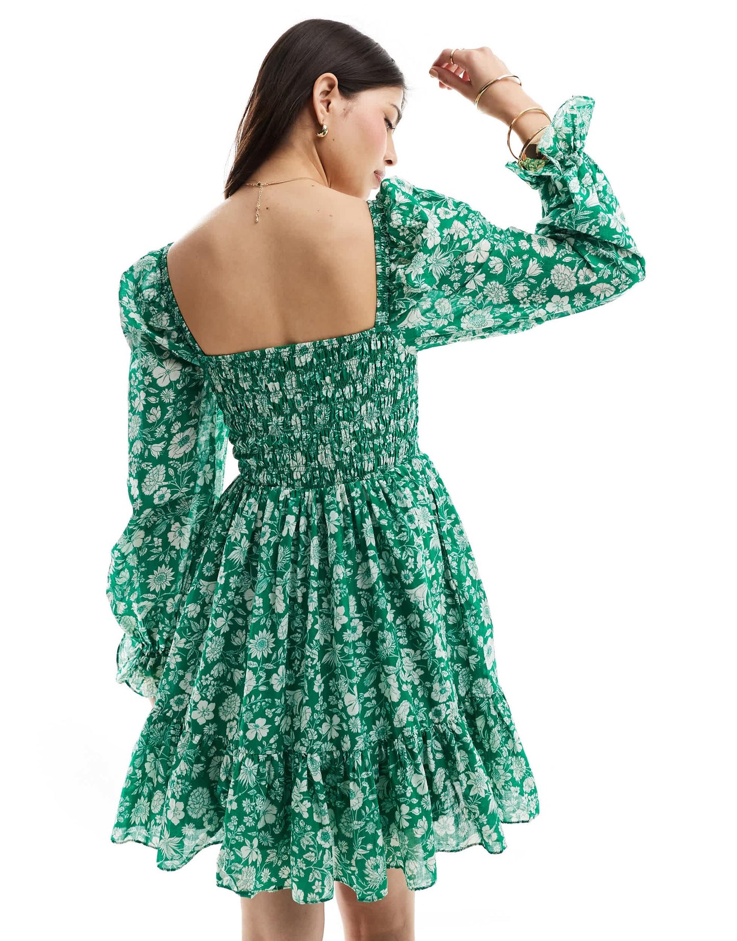 & Other Stories ruche bodice mini dress with volume sleeve and tiered hem in green floral print