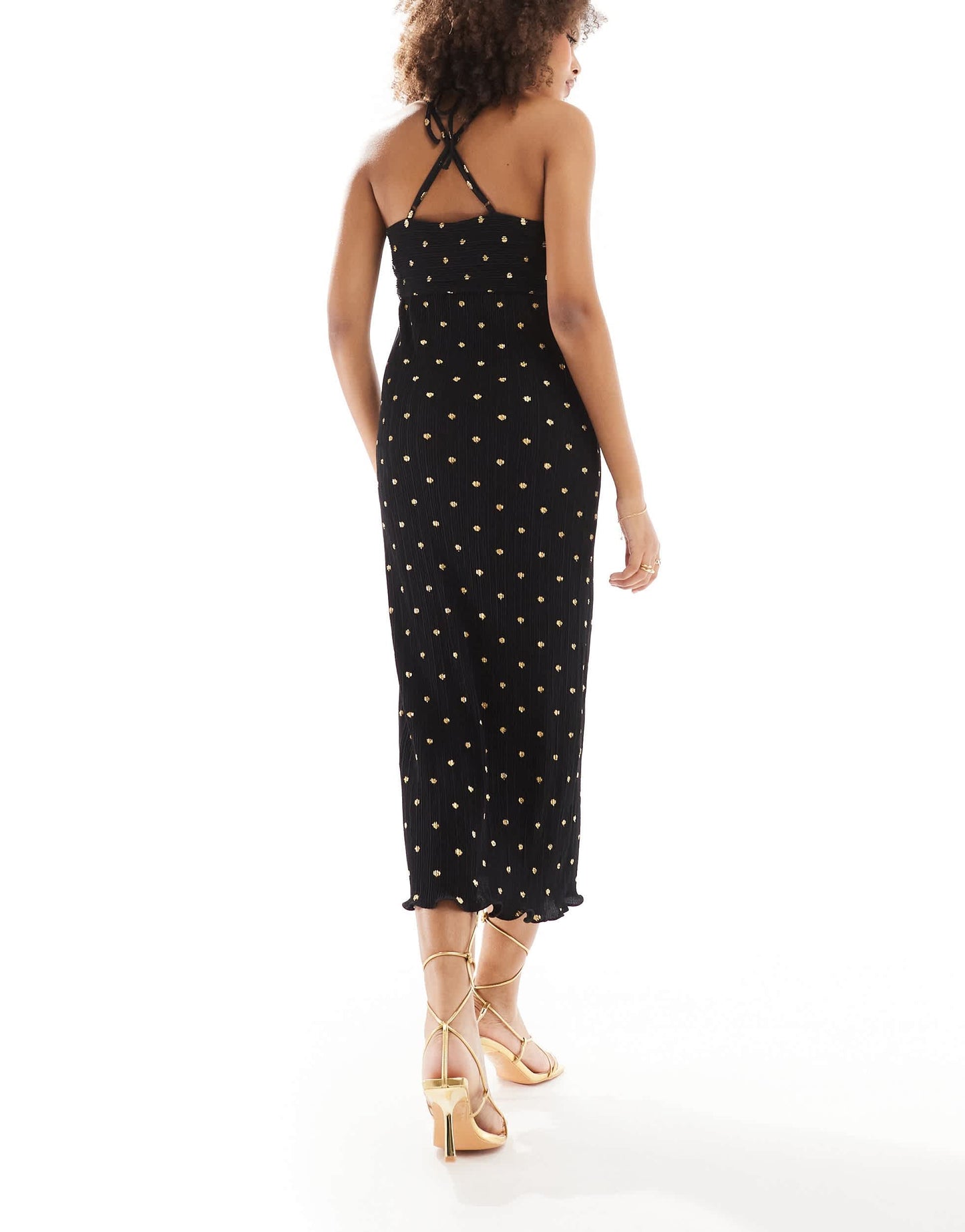 Never Fully Dressed cross neck gold fleck plisse midaxi dress in black