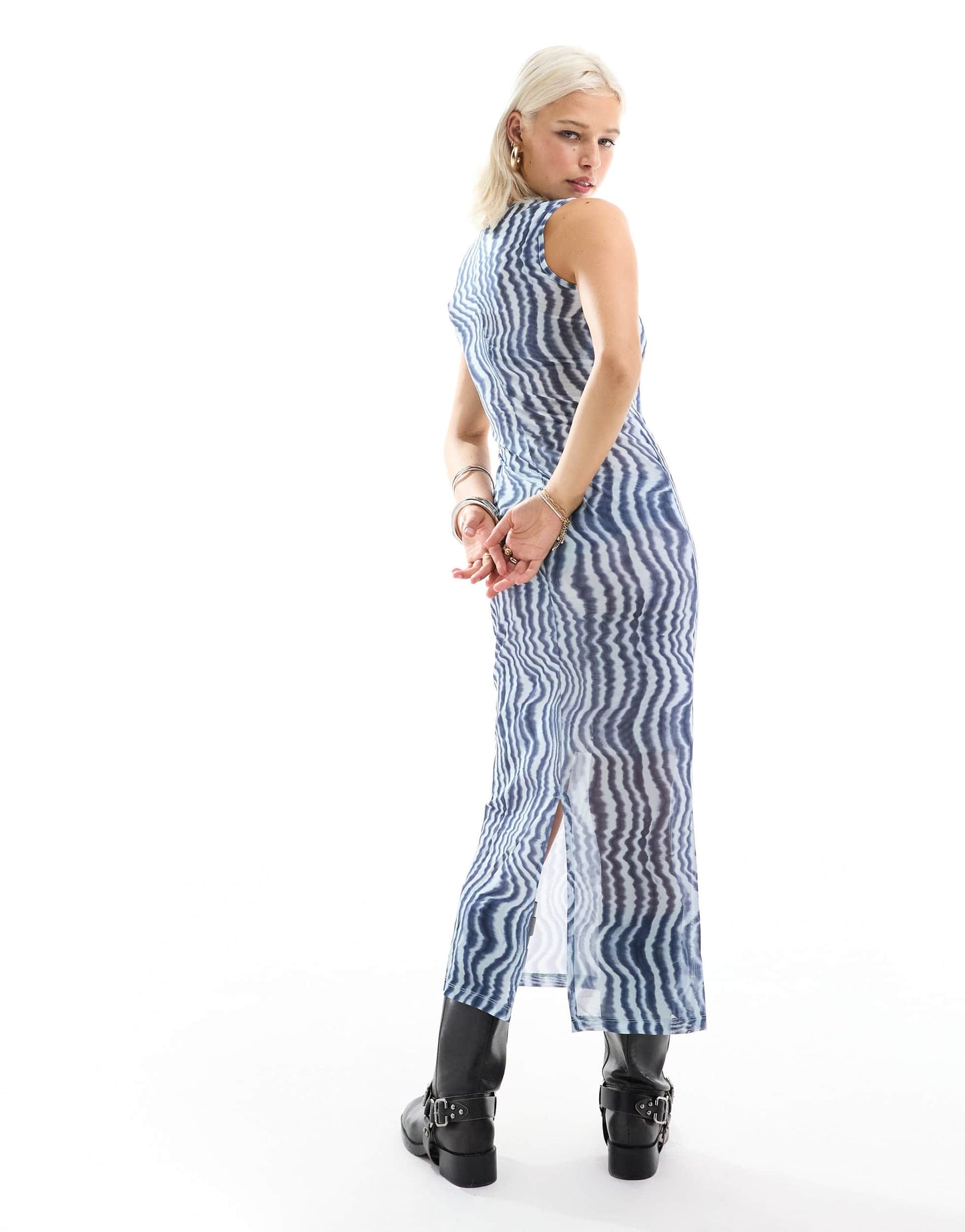 Monki sleeveless mesh midi dress in dizzy stripes print