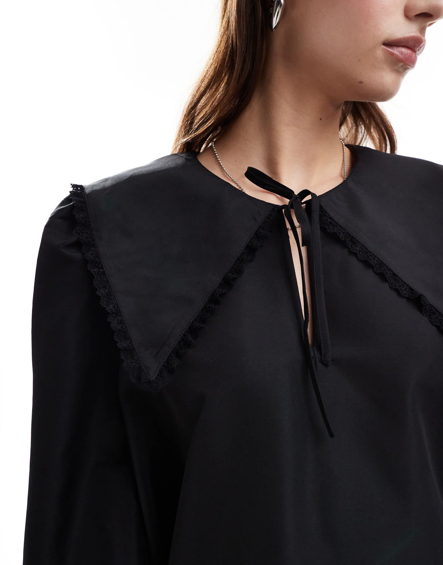 Monki mini swing dress with collar and tie cuffs in black