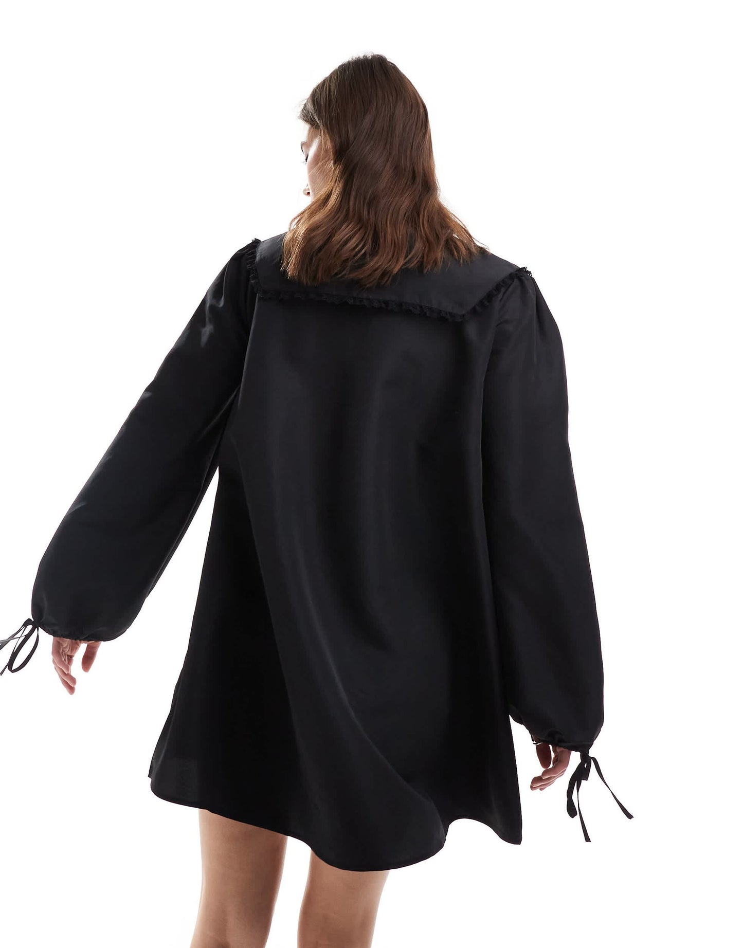 Monki mini swing dress with collar and tie cuffs in black