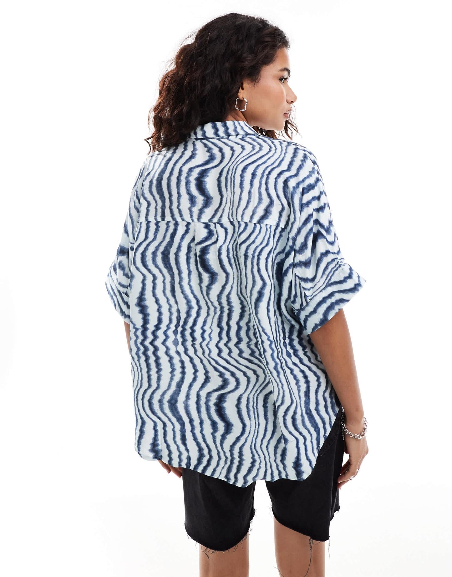 Monki oversize boxy short sleeve blouse in multi blue wave print