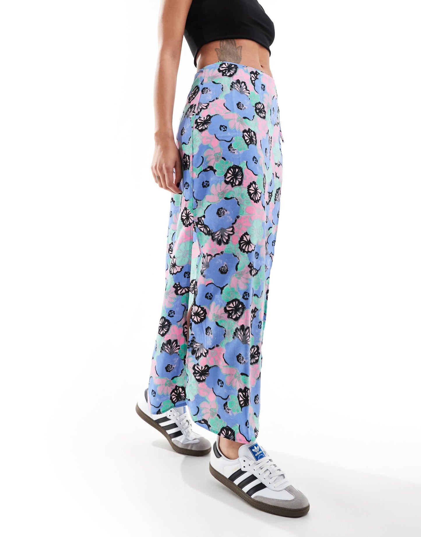 Monki wrap front midi skirt in multi artsy pastel flowers print