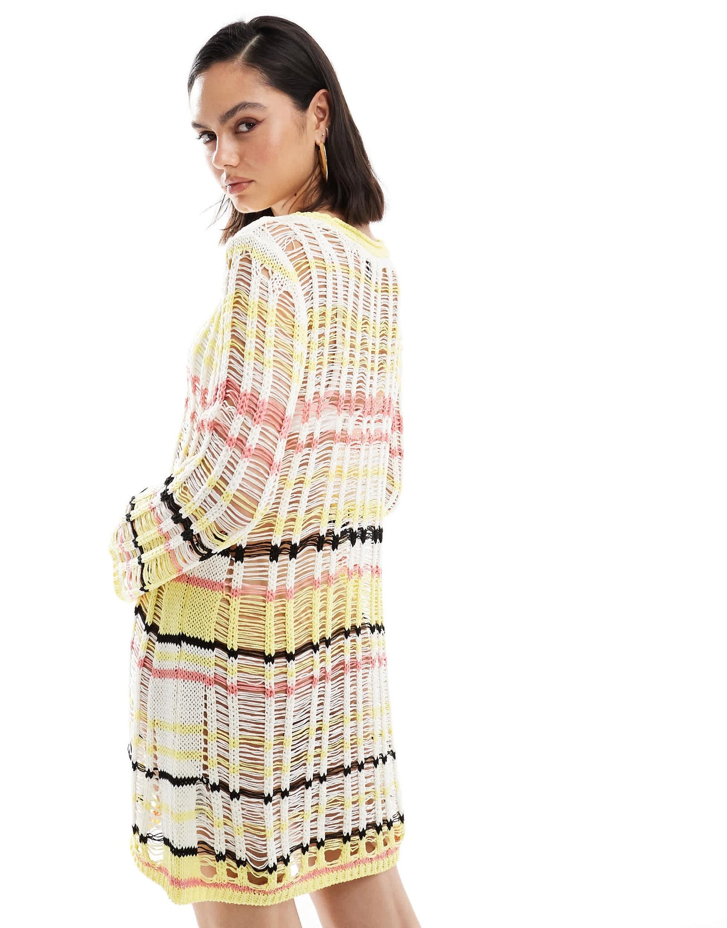 ASOS DESIGN knitted open stitch long sleeve mini dress in stripe