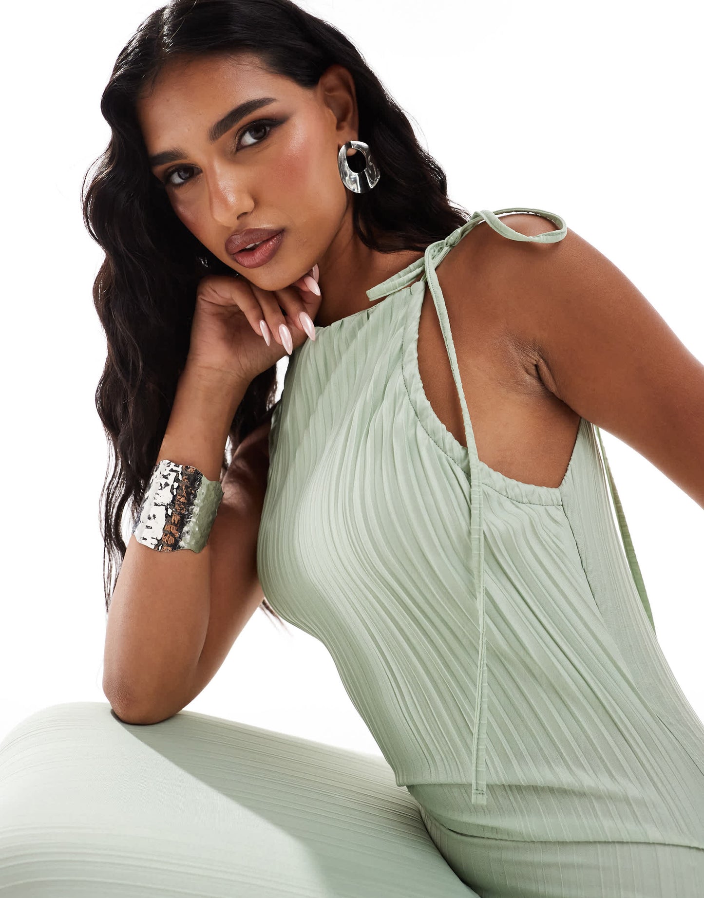 ASOS DESIGN plisse high neck midi dress with channelled strap detail in sage green
