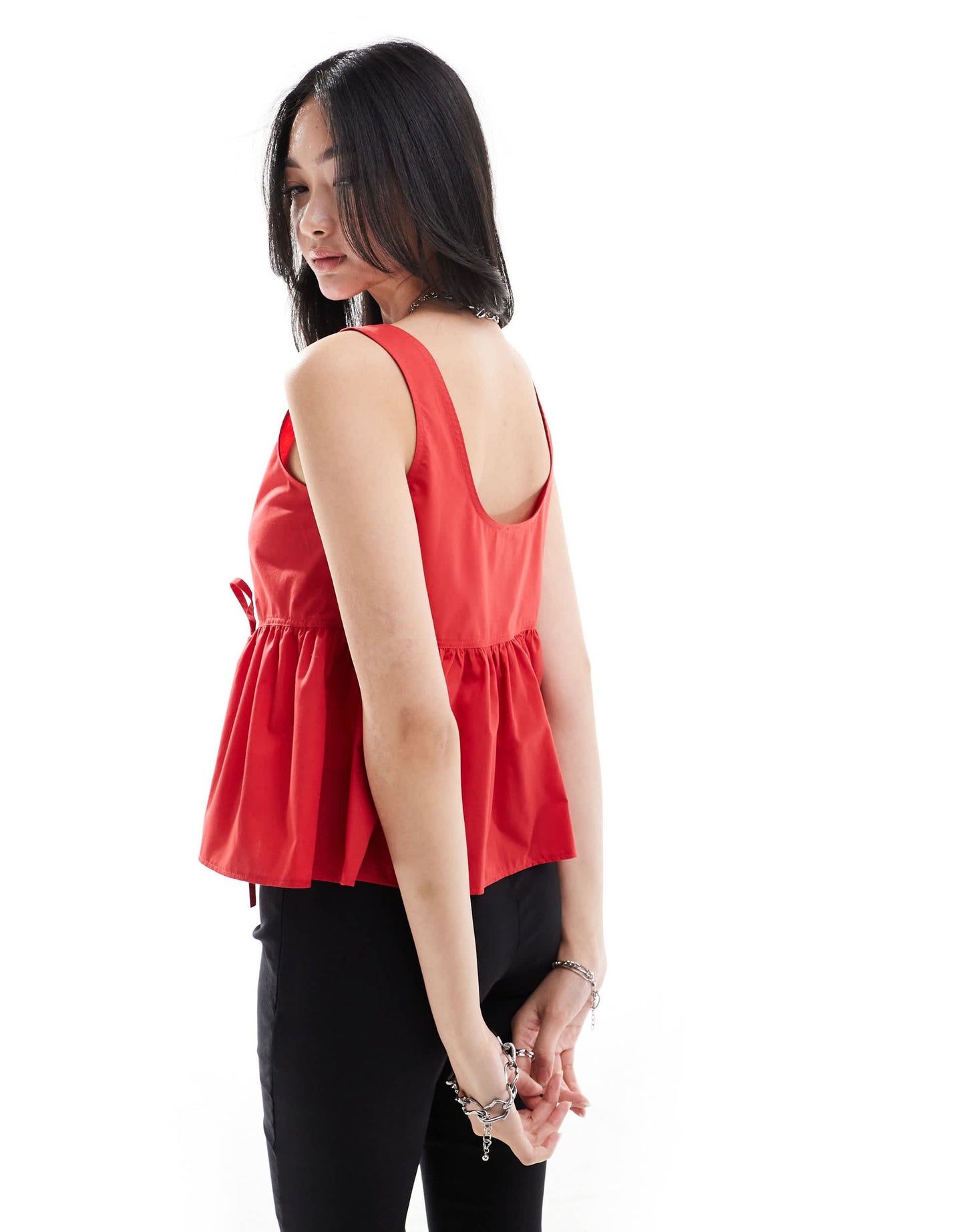 COLLUSION poplin smock top with tie detail in red