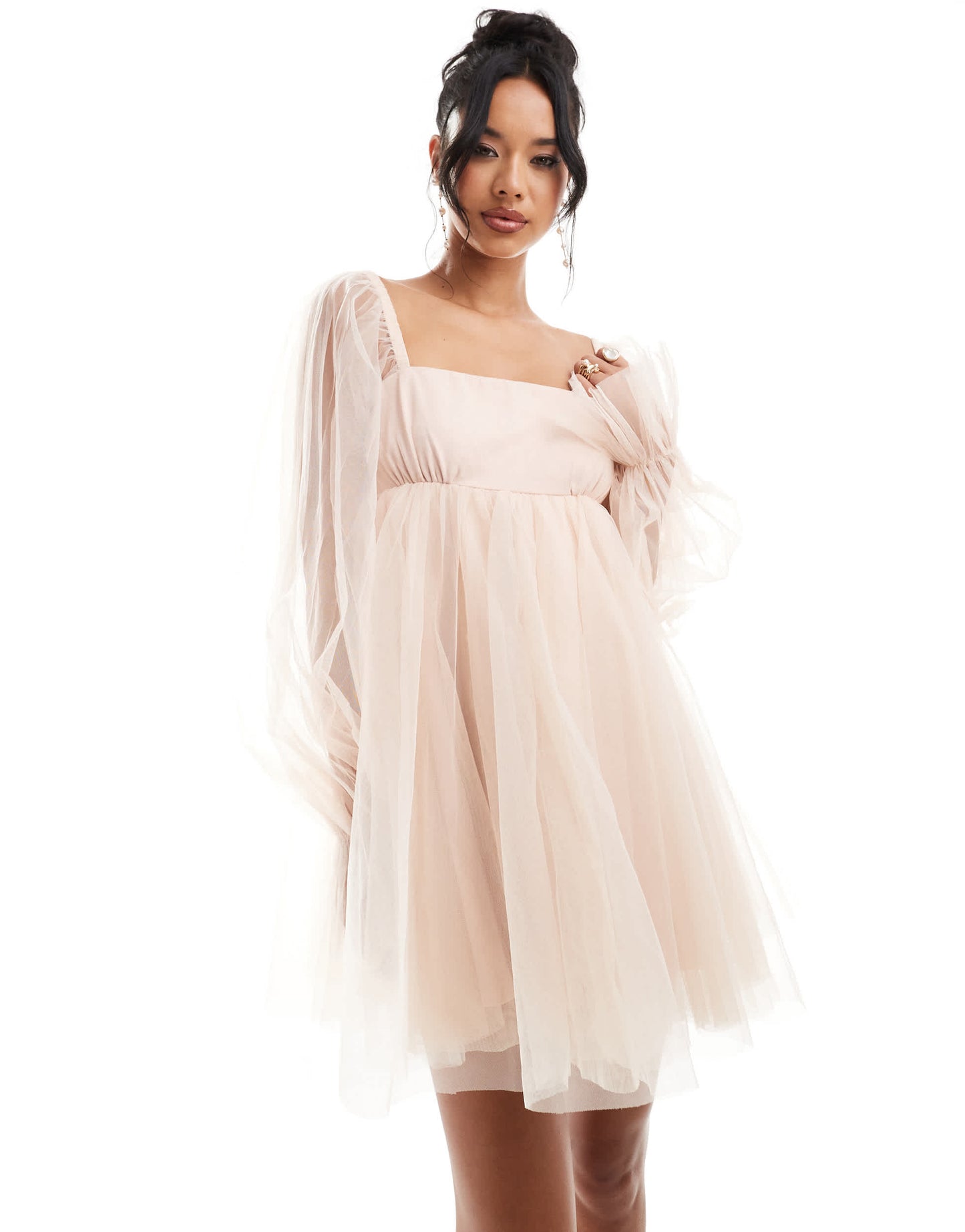 Lace & Beads organza mini dress in blush