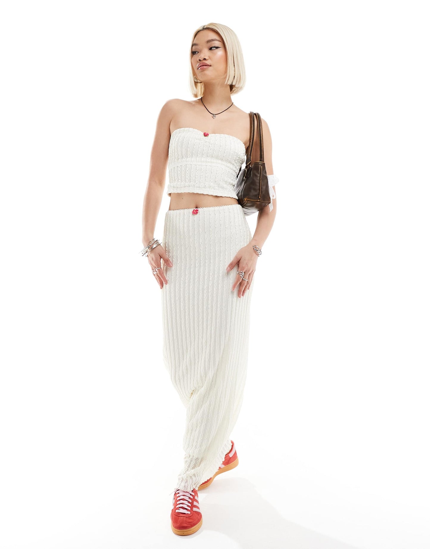 Daisy Street textured bandeau crop top with rosette detail co-ord