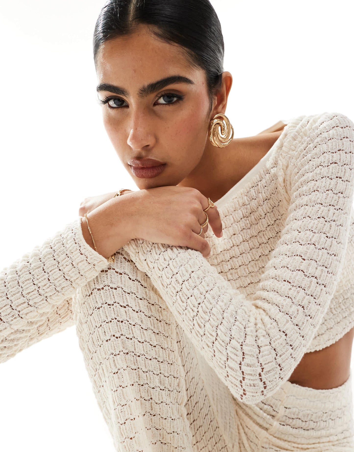 Bershka crochet wide leg trousers co-ord in ecru
