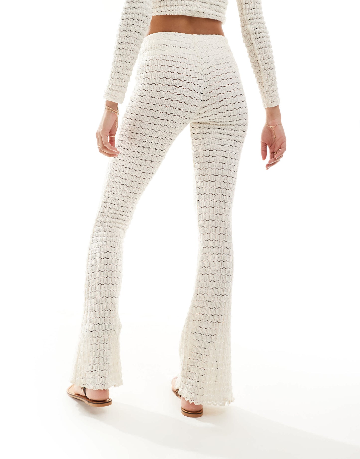 Bershka crochet wide leg trousers co-ord in ecru
