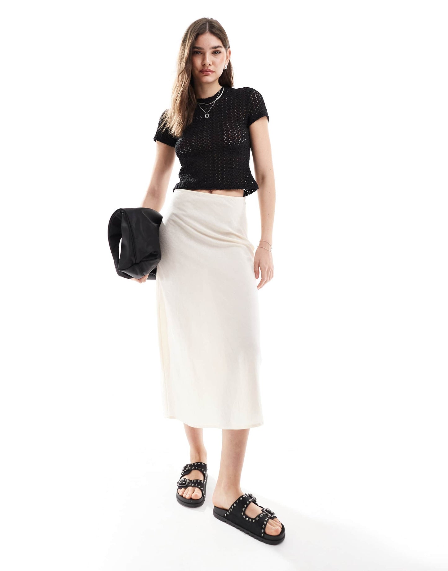 AllSaints Karma Stevie open knit t-shirt in black