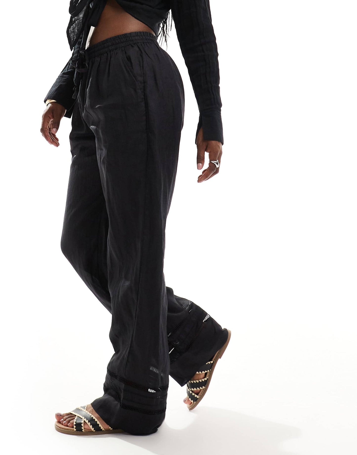 AllSaints Jade linen wide straight trousers in black