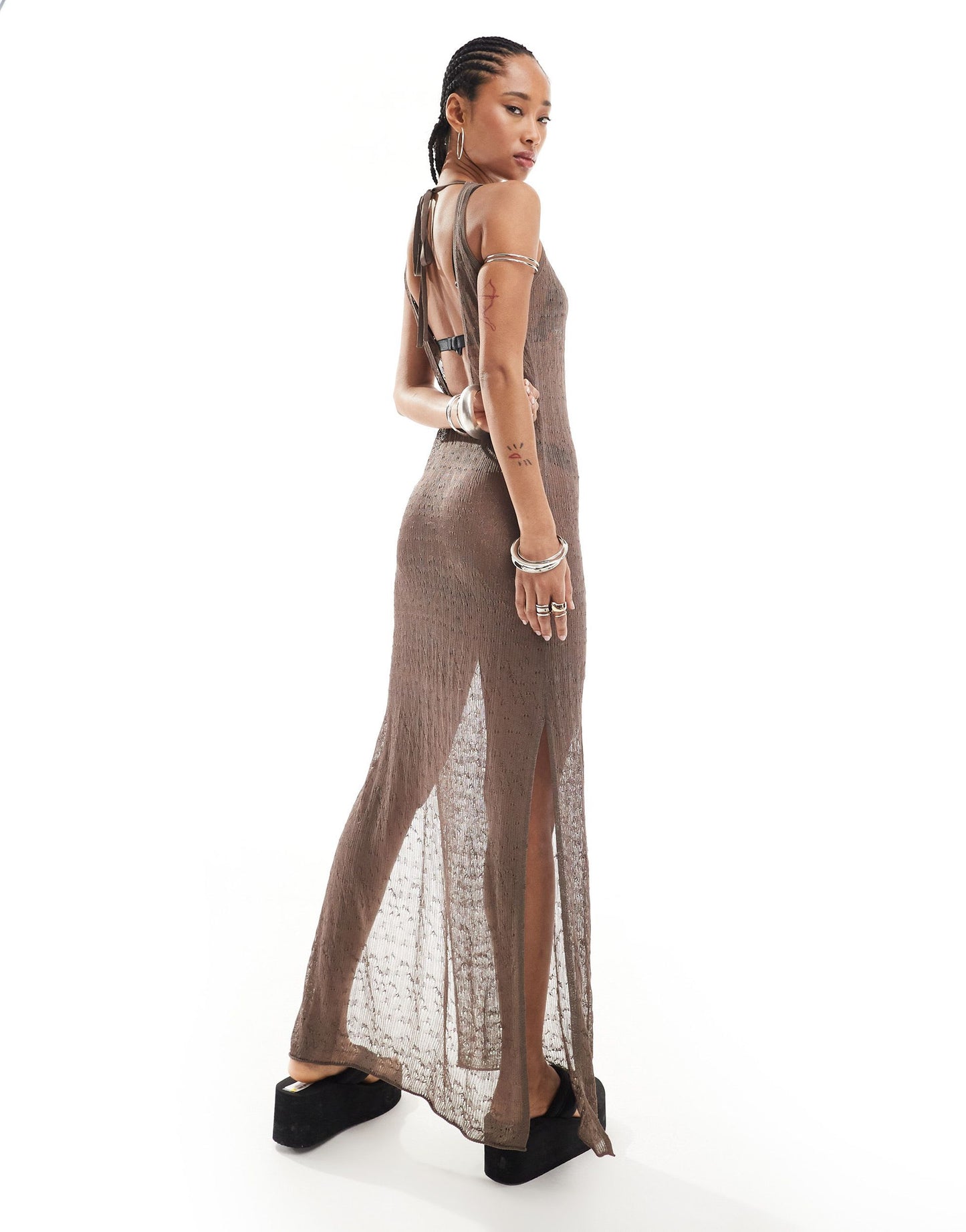 Weekday Sylvie sheer pointelle maxi dress in brown