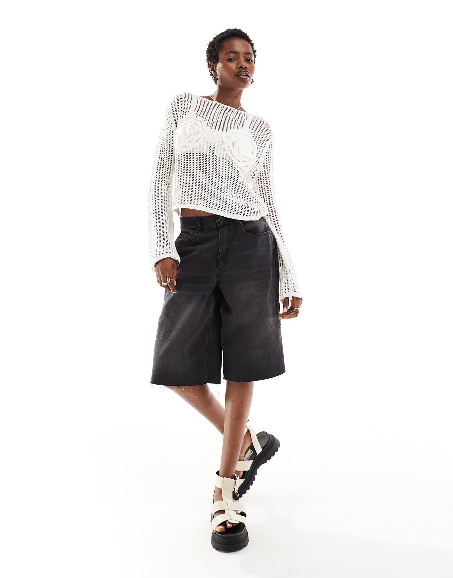Monki long sleeve crochet top with rose detail in white
