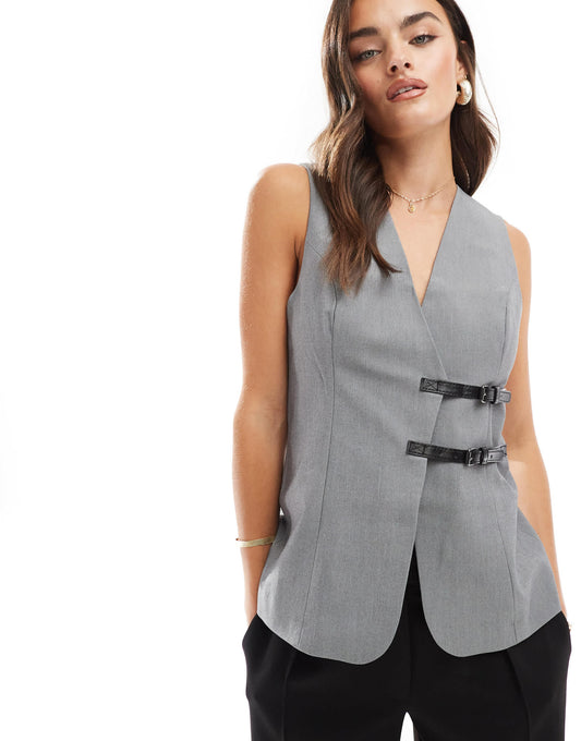ASOS DESIGN longline belted waistcoat in grey