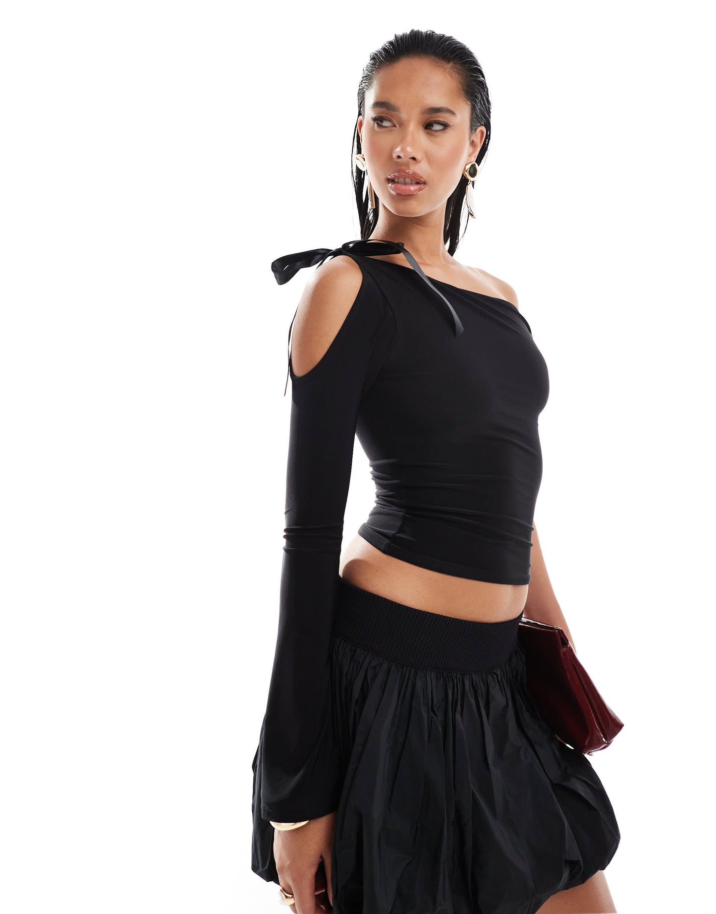 Kaiia exclusive one shoulder bow tie one sleeve top in black