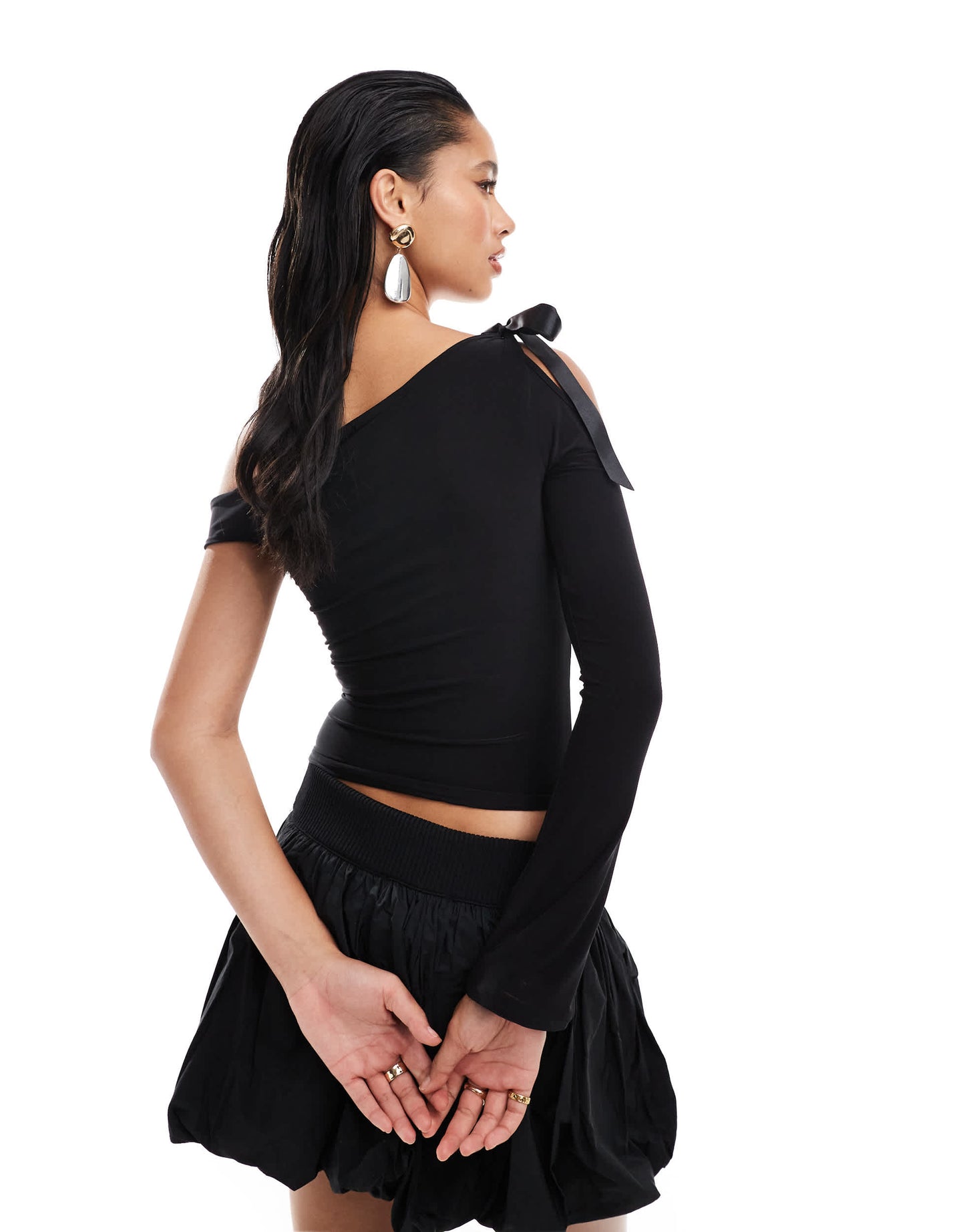 Kaiia exclusive one shoulder bow tie one sleeve top in black