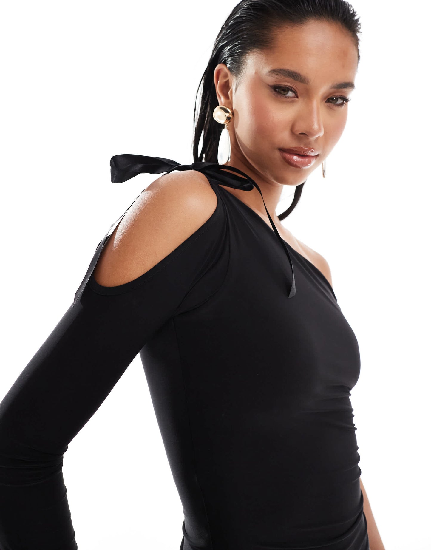 Kaiia exclusive one shoulder bow tie one sleeve top in black