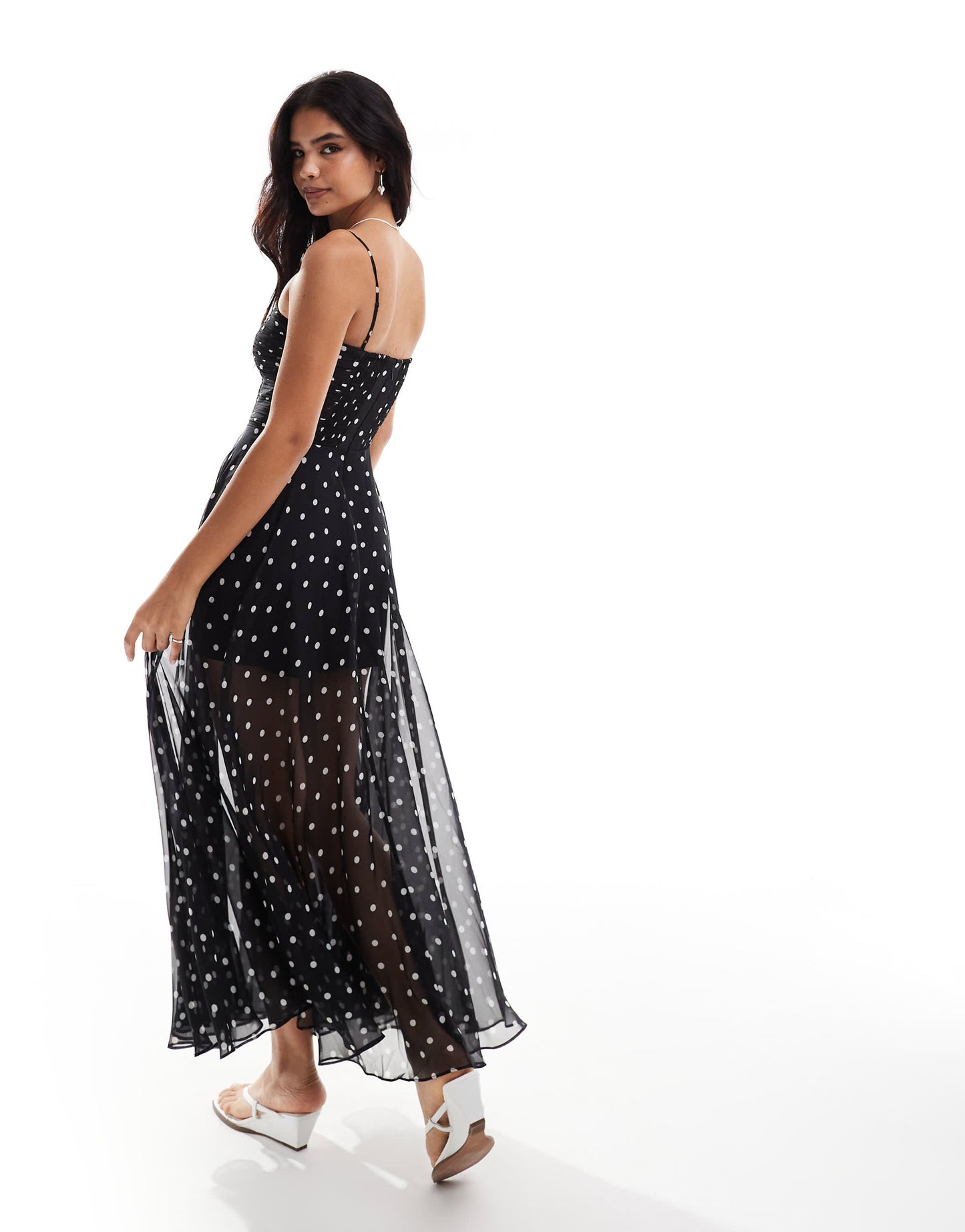 Forever New ruched body sheer maxi dress in polka dot print